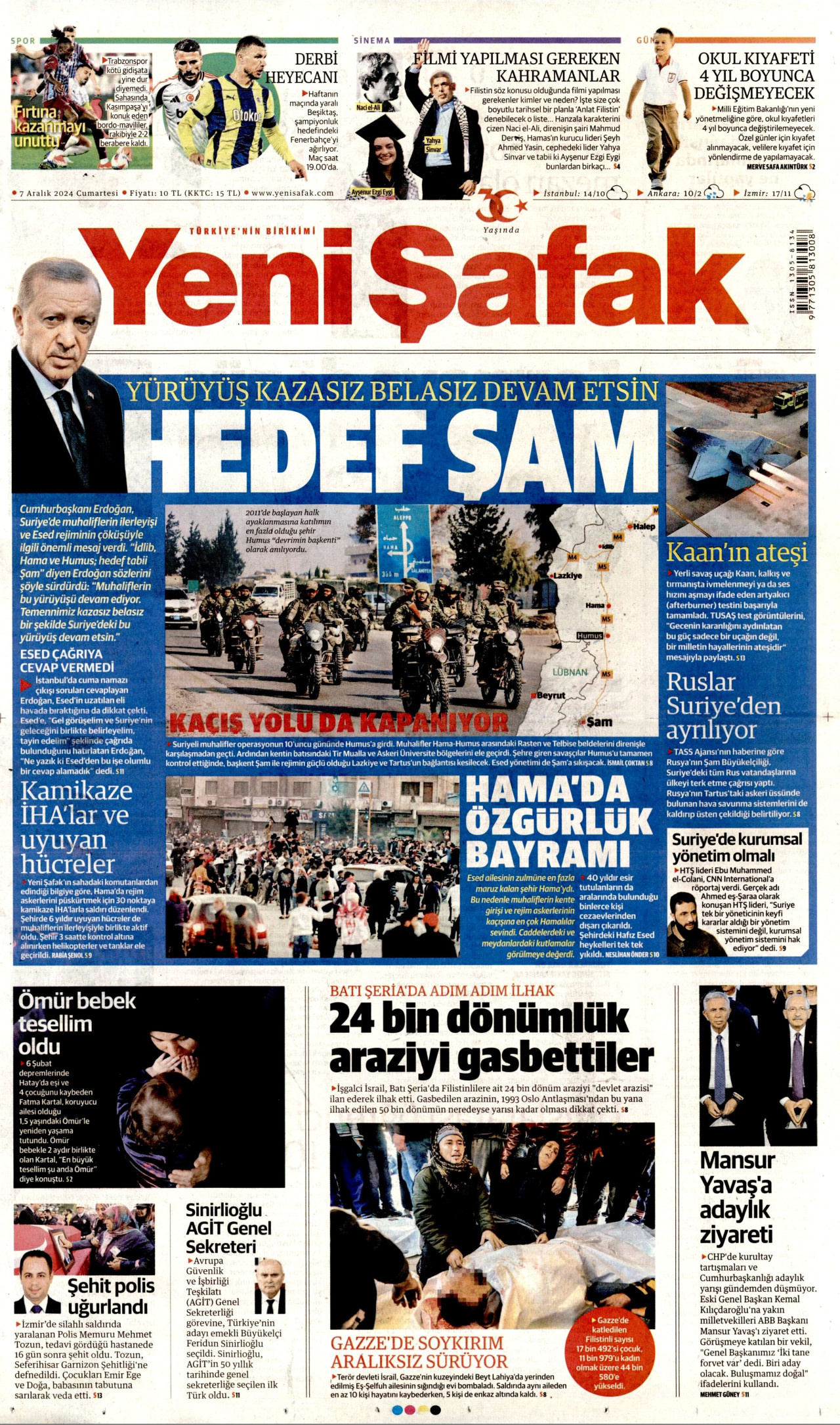 YENİ ŞAFAK gazetesinin 7 Aralık 2024 tarihli birinci sayfası