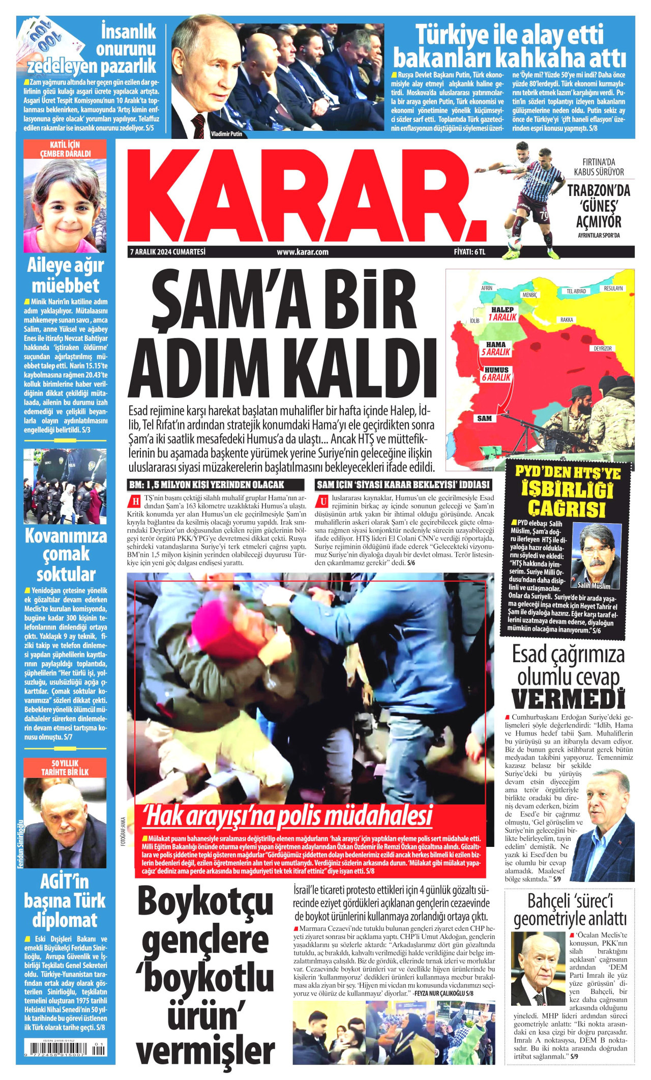 KARAR gazetesinin 7 Aralık 2024 tarihli birinci sayfası
