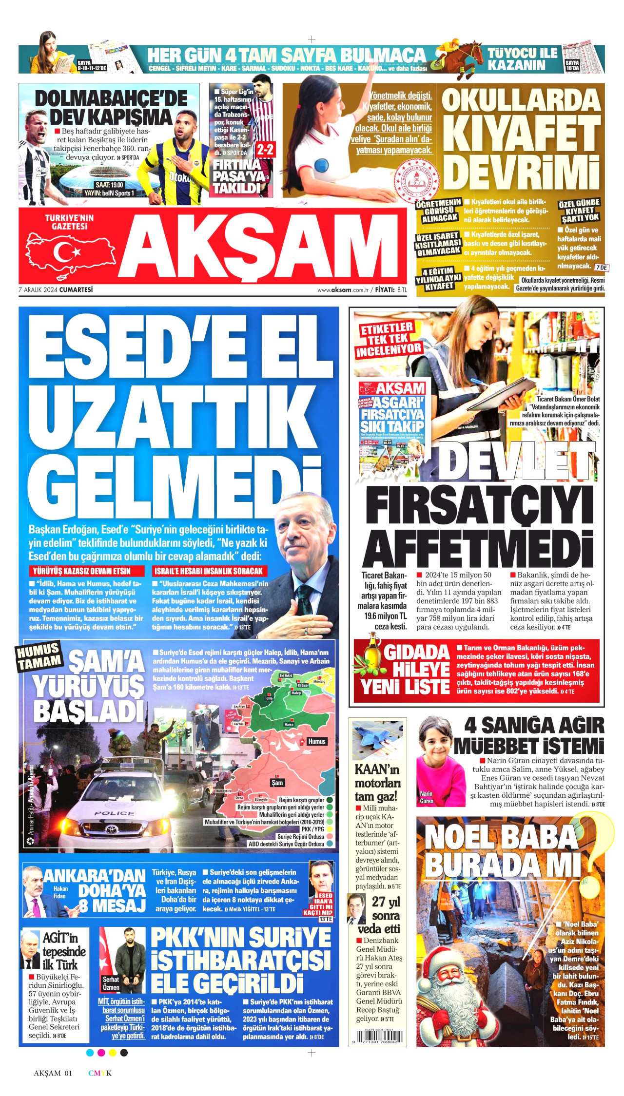 AKŞAM gazetesinin 7 Aralık 2024 tarihli birinci sayfası