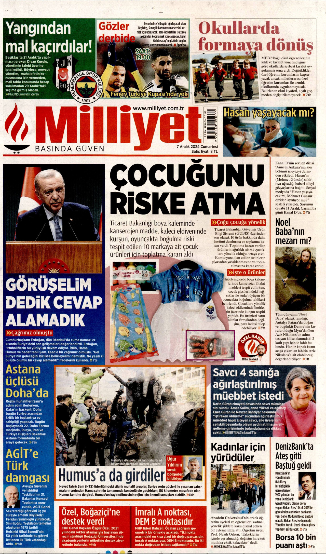MİLLİYET gazetesinin 7 Aralık 2024 tarihli birinci sayfası