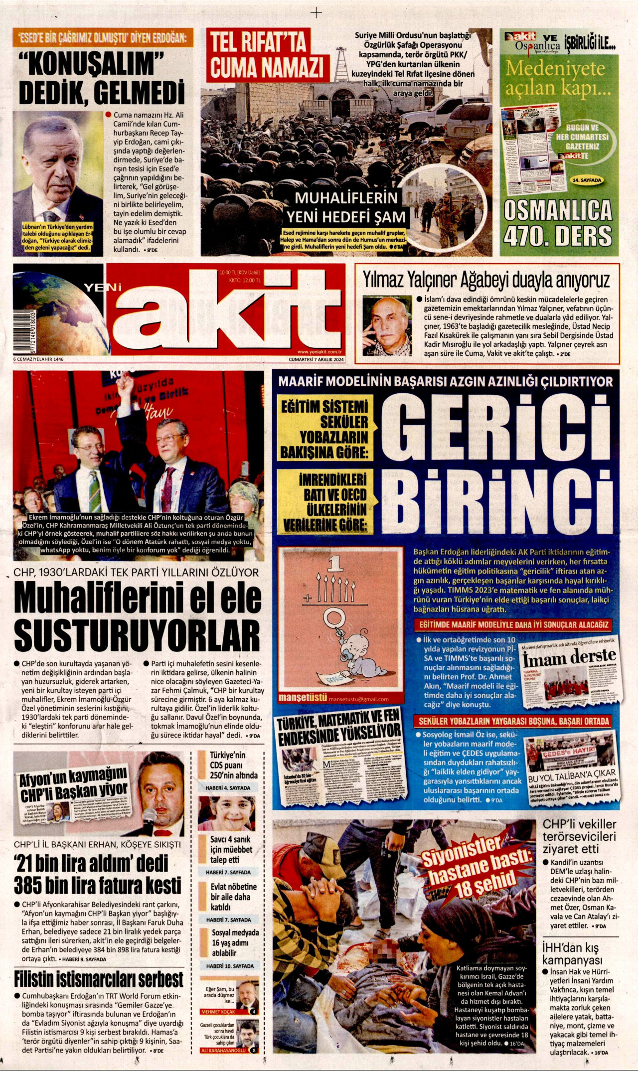 YENİ AKİT gazetesinin 7 Aralık 2024 tarihli birinci sayfası