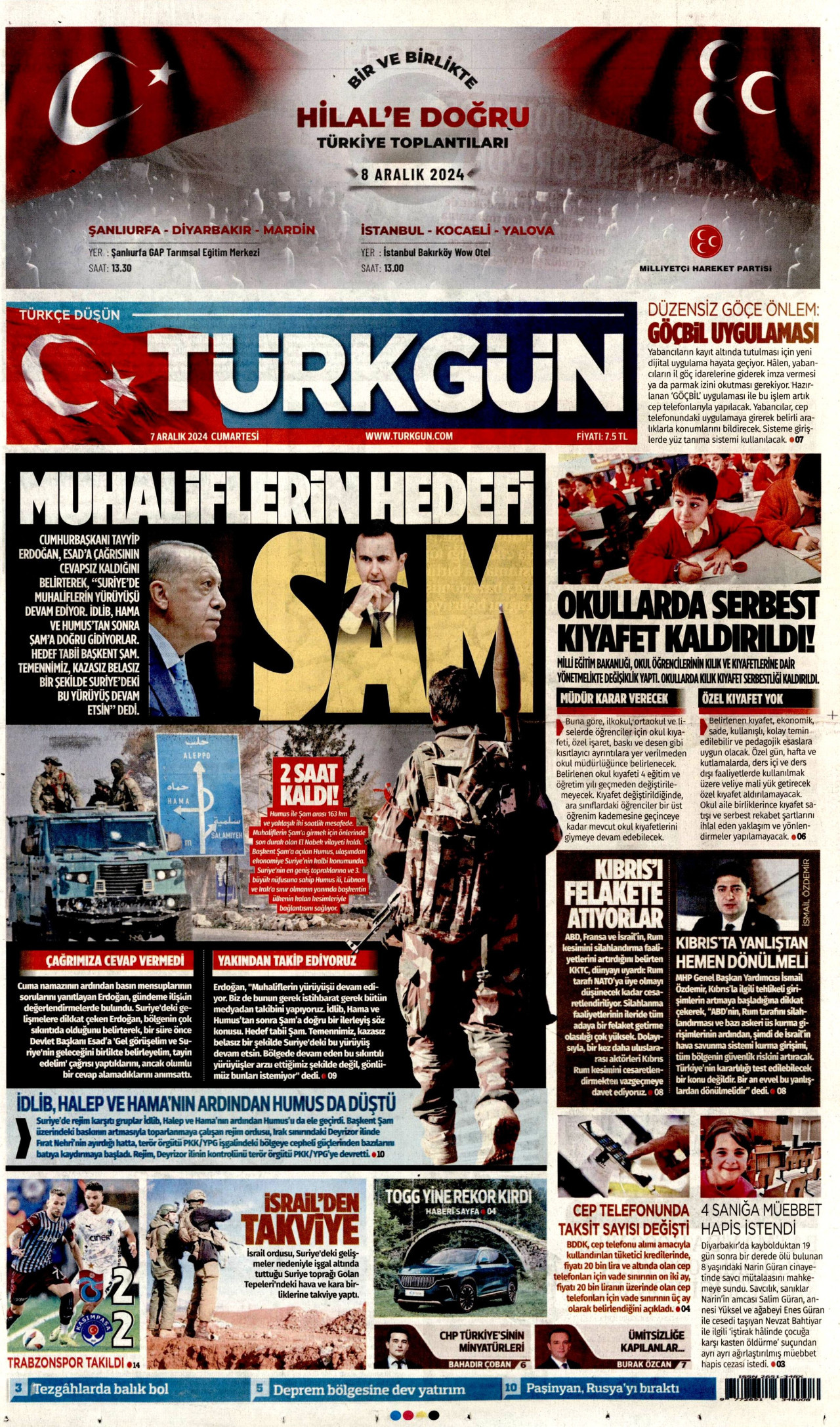 TÜRKGÜN gazetesinin 7 Aralık 2024 tarihli birinci sayfası