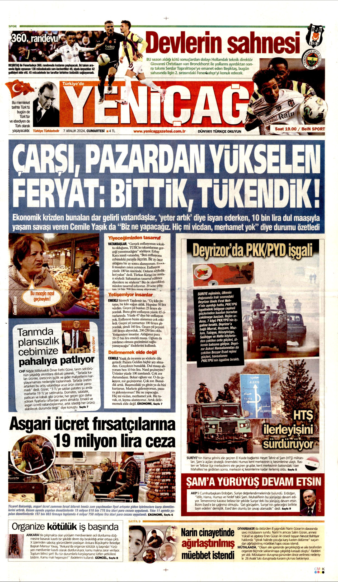 YENİÇAĞ gazetesinin 7 Aralık 2024 tarihli birinci sayfası