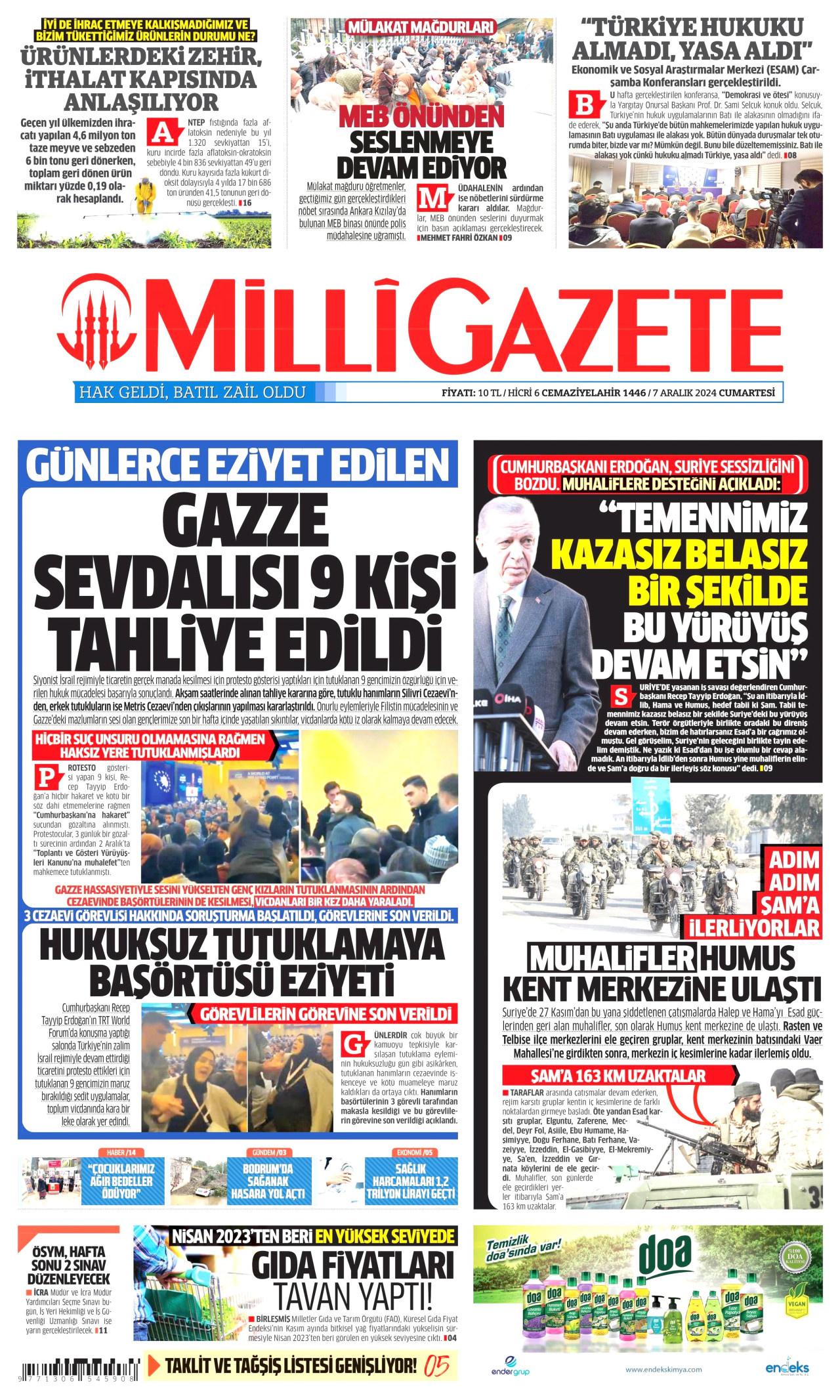 MİLLİ GAZETE gazetesinin 7 Aralık 2024 tarihli birinci sayfası