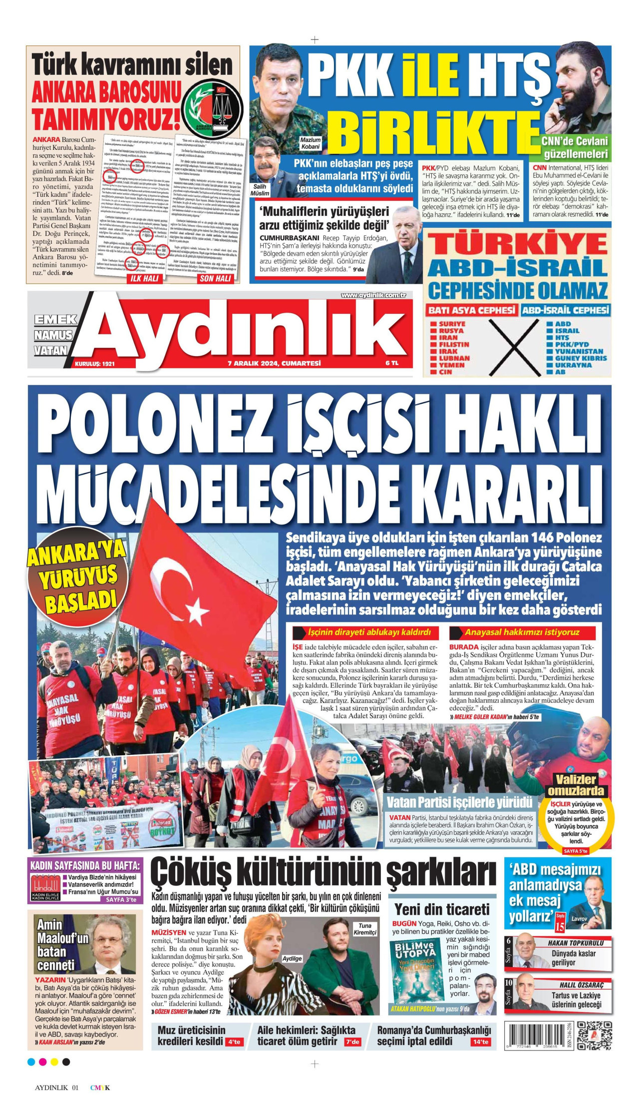 AYDINLIK GAZETESİ gazetesinin 7 Aralık 2024 tarihli birinci sayfası