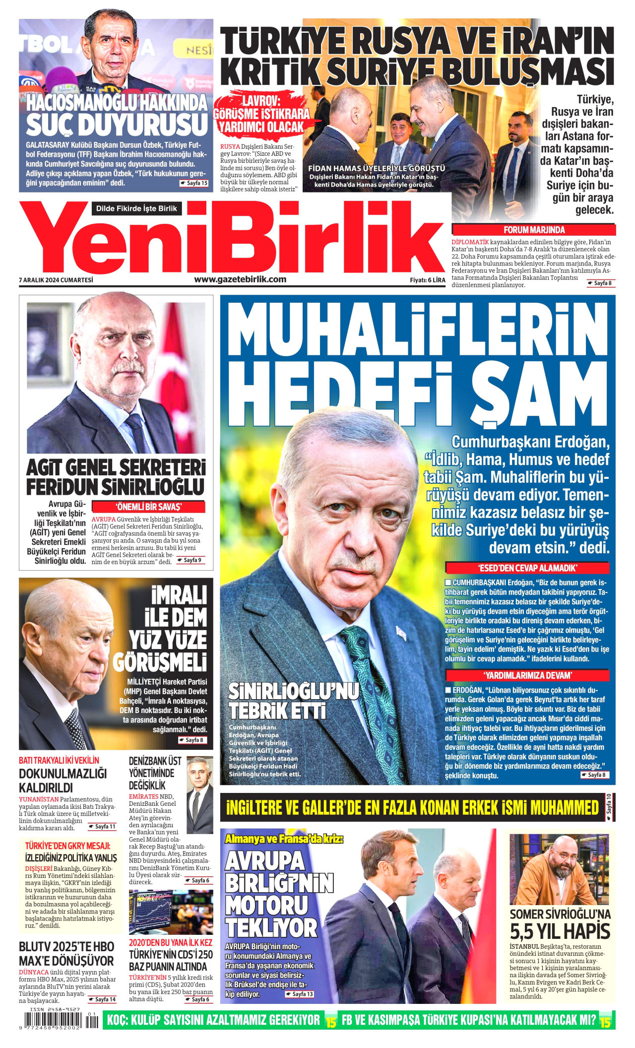 YENİBİRLİK gazetesinin 7 Aralık 2024 tarihli birinci sayfası