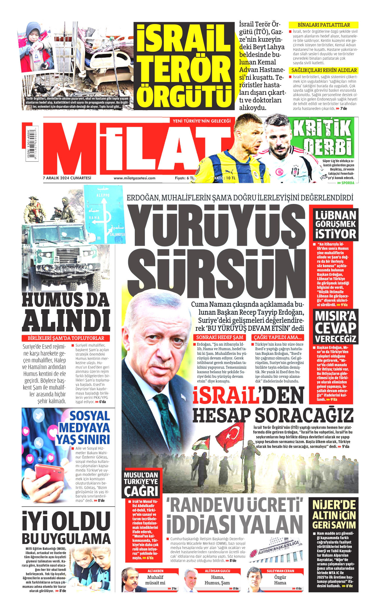 MİLAT gazetesinin 7 Aralık 2024 tarihli birinci sayfası