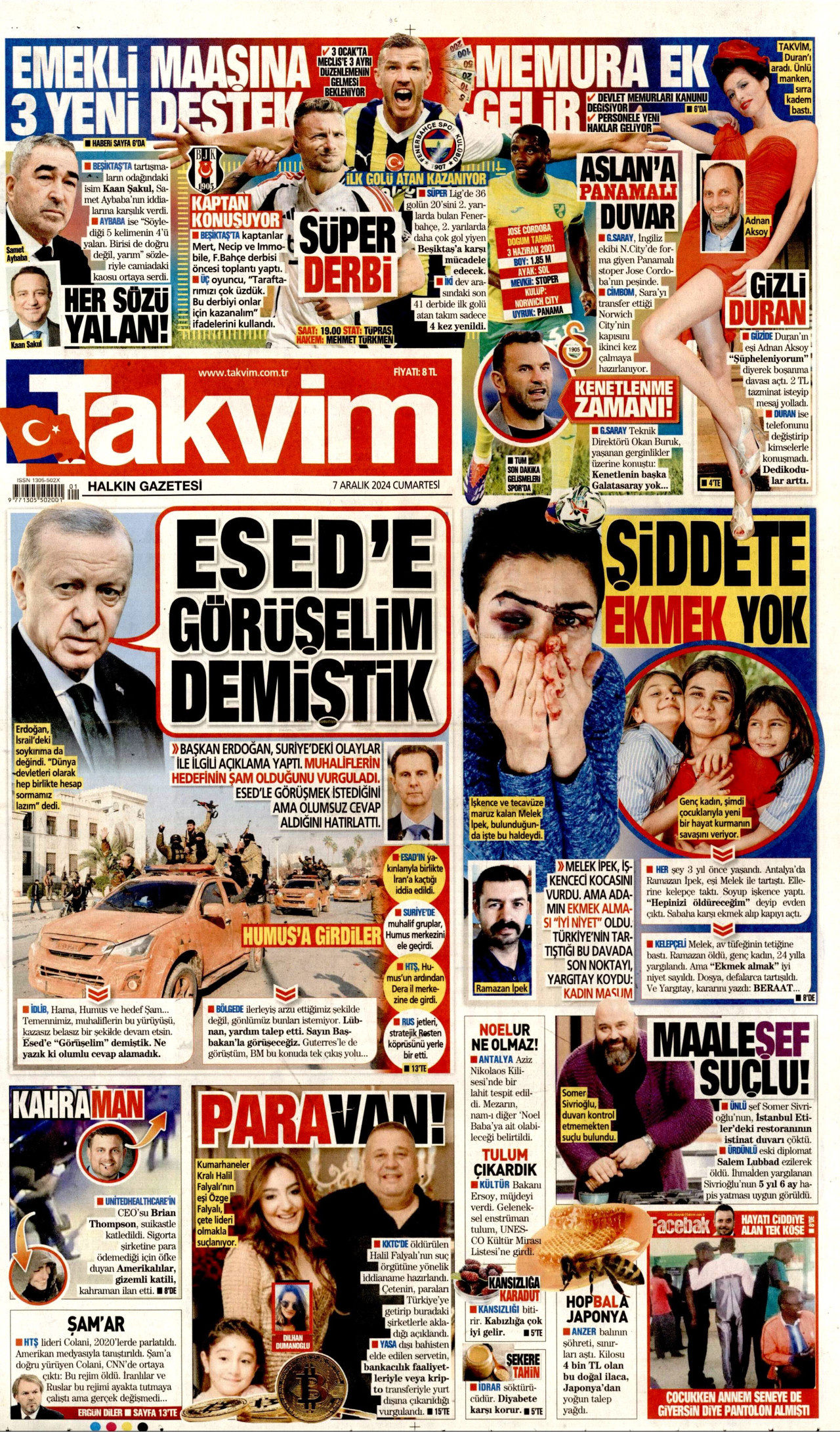 TAKVİM gazetesinin 7 Aralık 2024 tarihli birinci sayfası