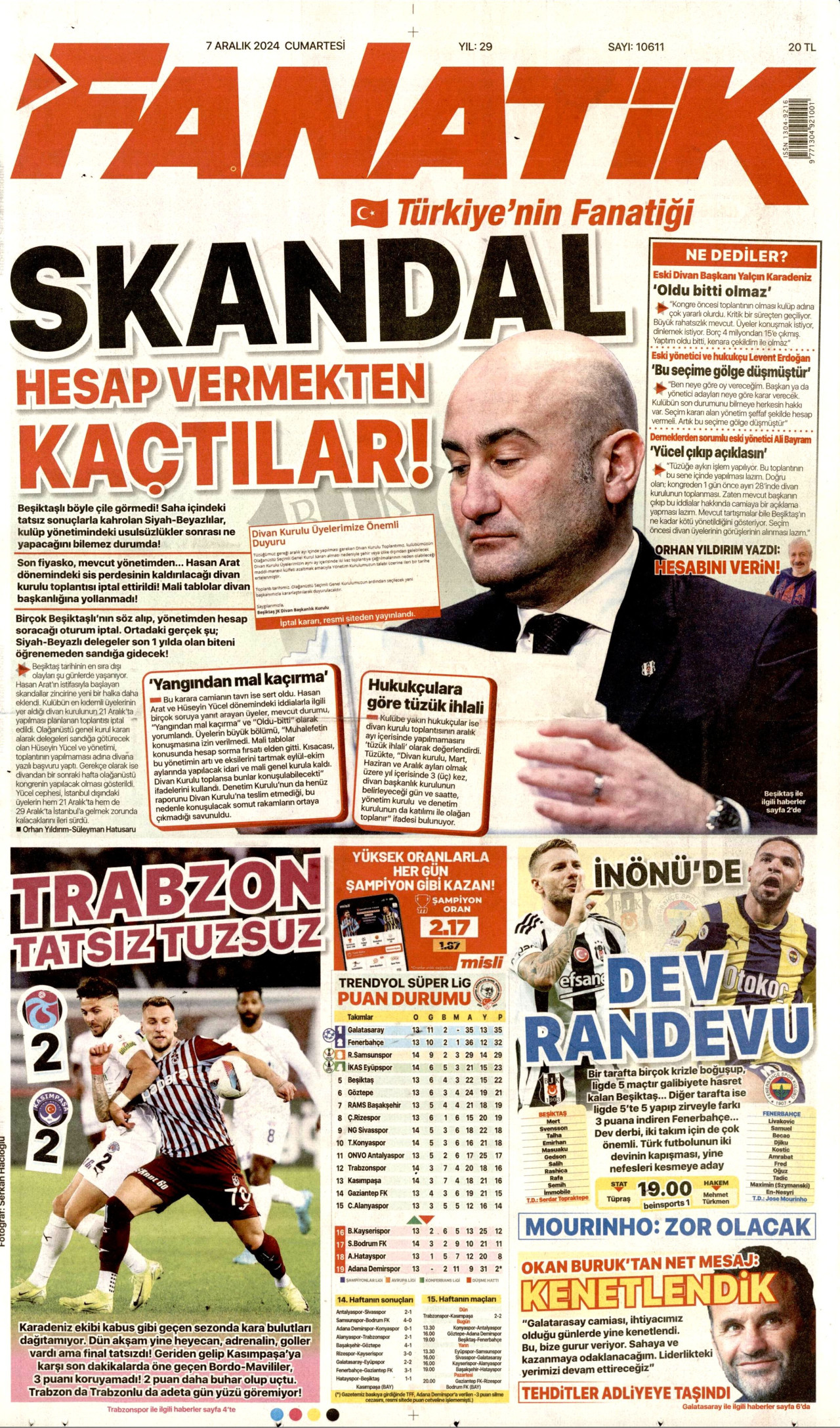 FANATİK gazetesinin 7 Aralık 2024 tarihli birinci sayfası