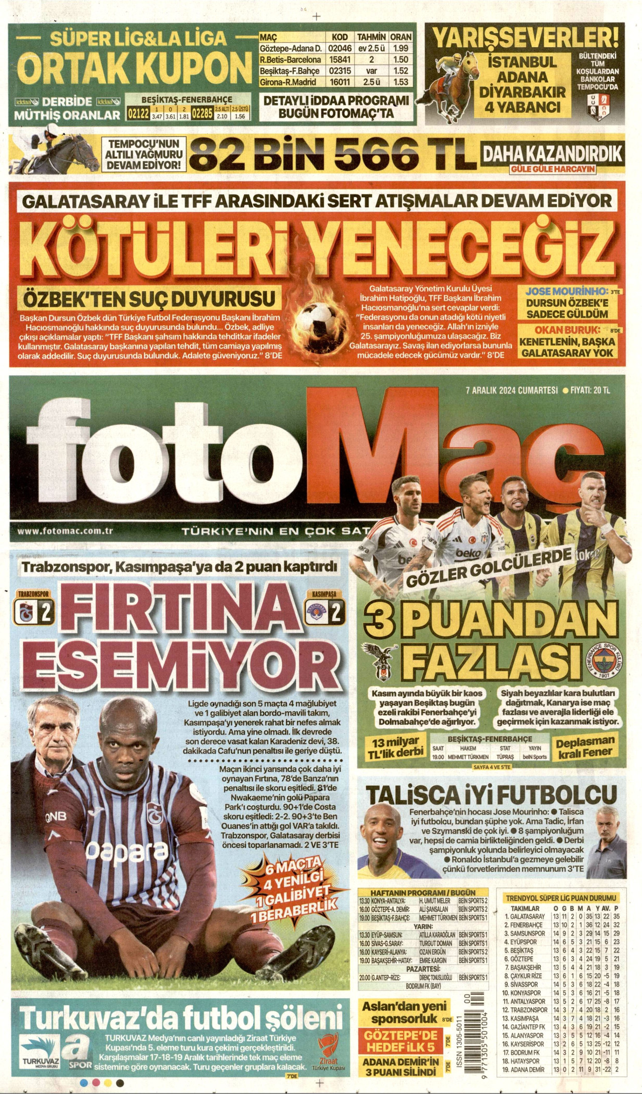 FOTOMAÇ gazetesinin 7 Aralık 2024 tarihli birinci sayfası