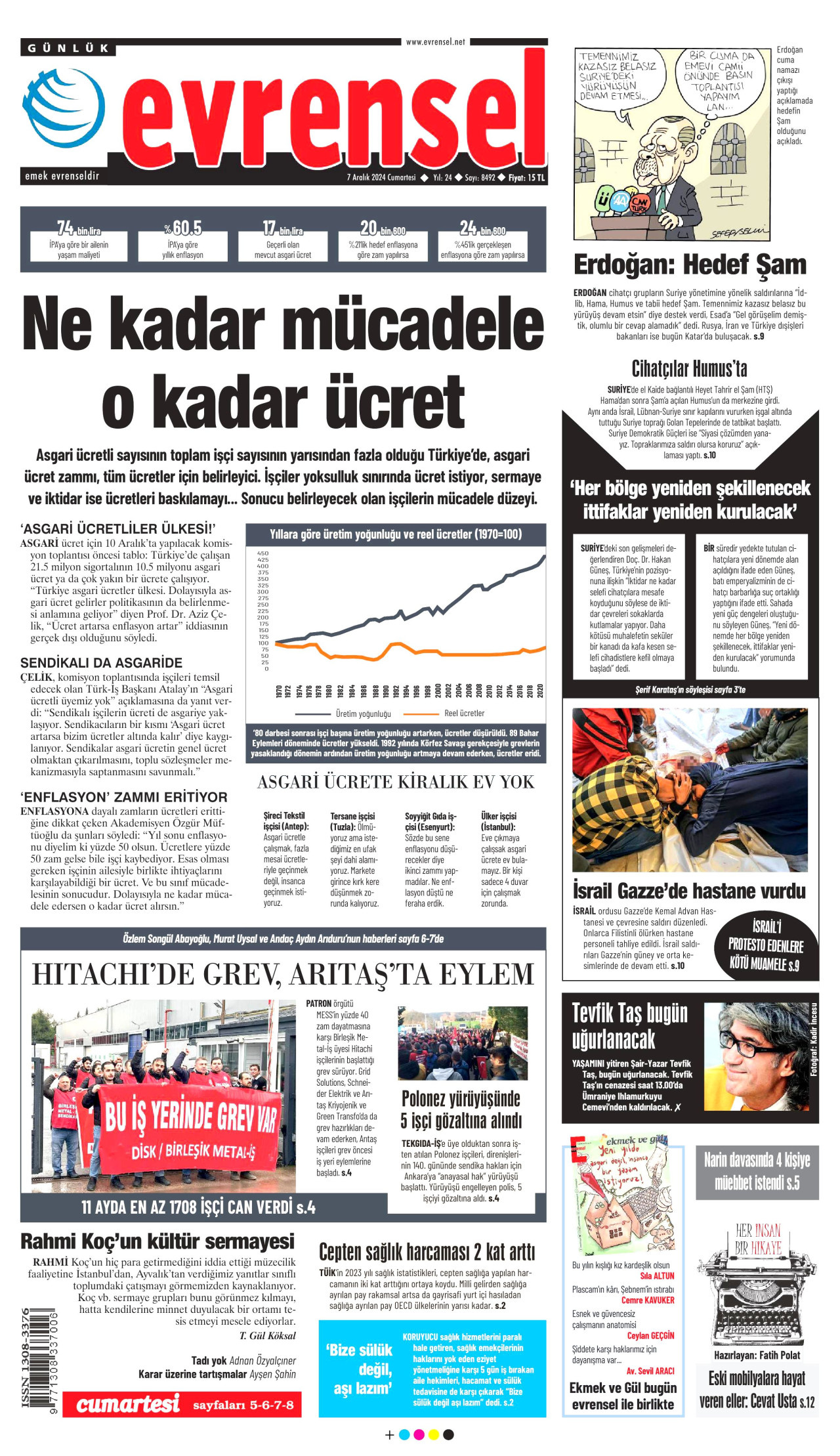EVRENSEL gazetesinin 7 Aralık 2024 tarihli birinci sayfası