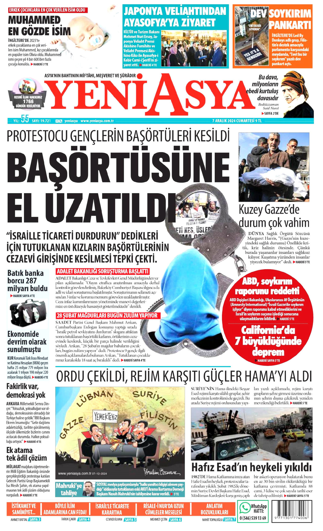 YENİ ASYA gazetesinin 7 Aralık 2024 tarihli birinci sayfası
