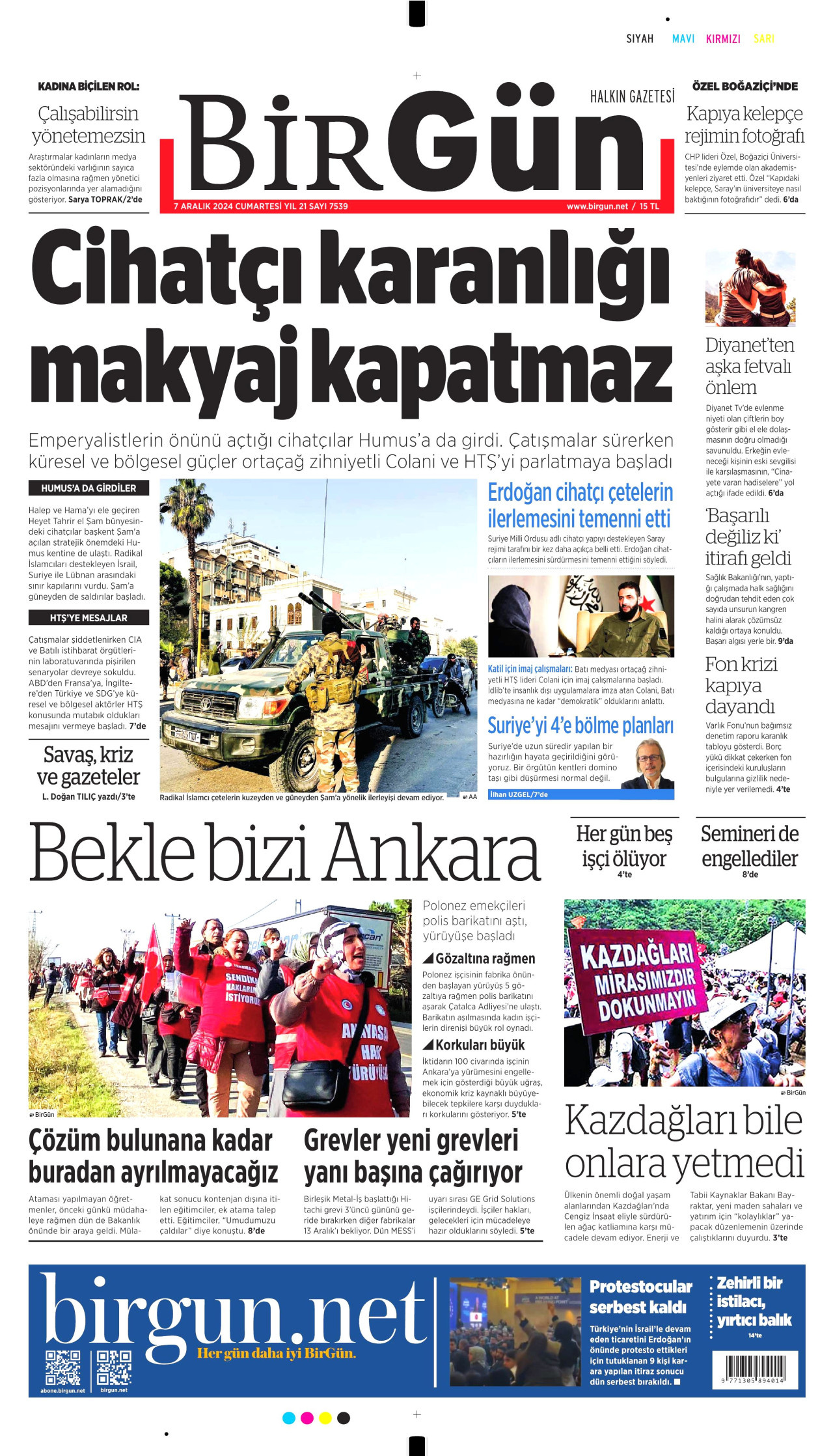 BİRGÜN gazetesinin 7 Aralık 2024 tarihli birinci sayfası