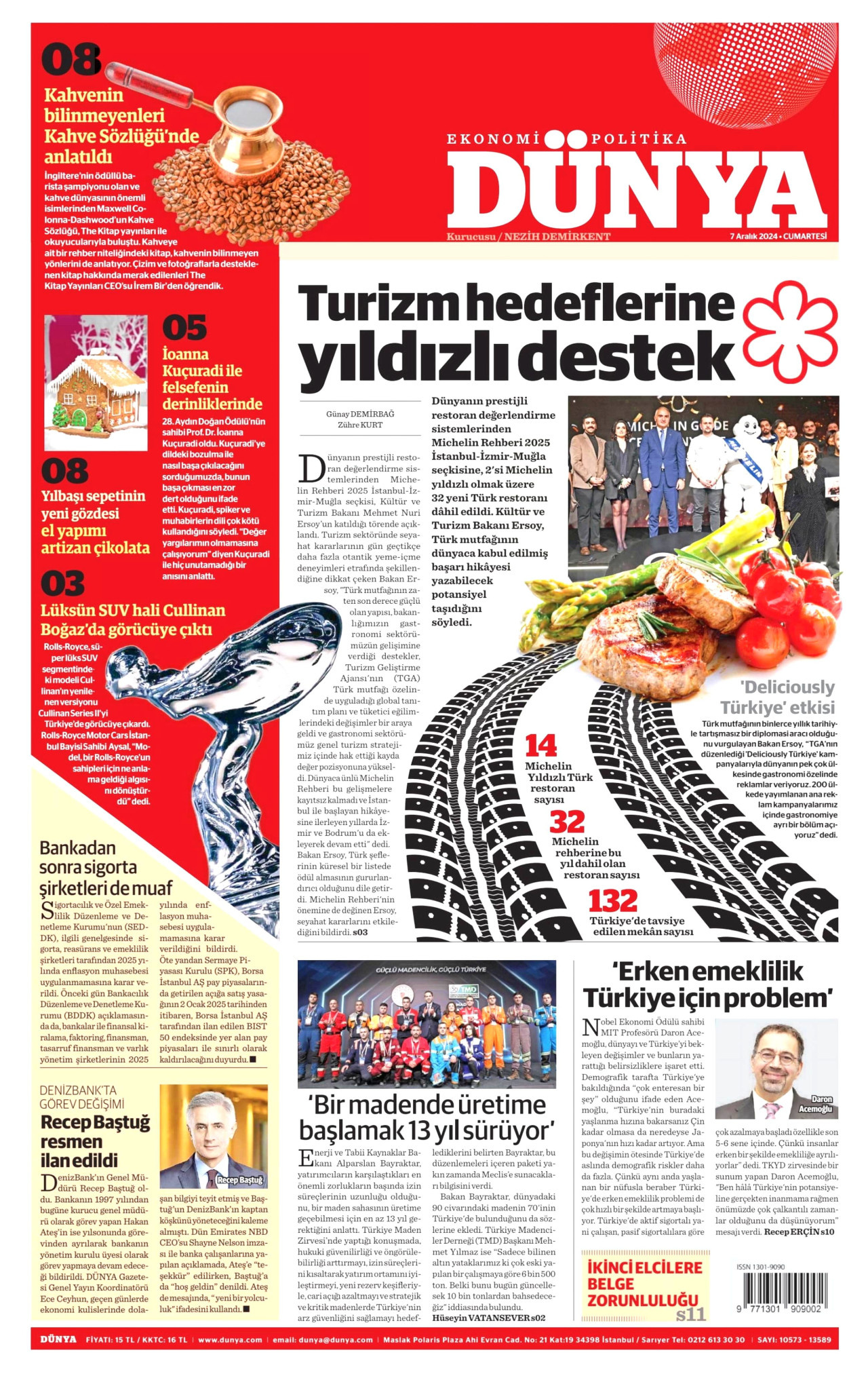 DÜNYA gazetesinin 7 Aralık 2024 tarihli birinci sayfası
