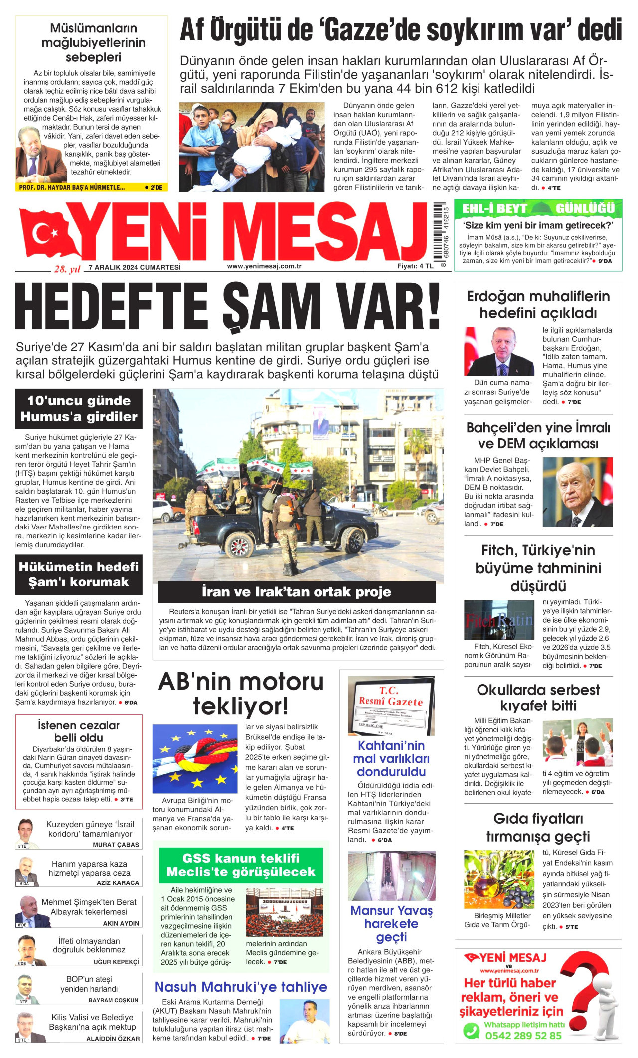 YENİ MESAJ gazetesinin 7 Aralık 2024 tarihli birinci sayfası