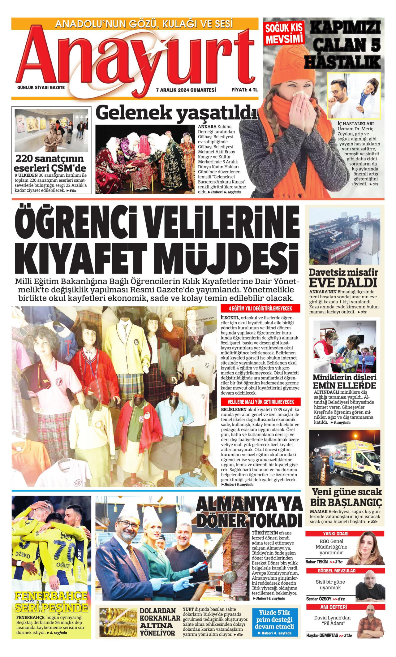 ANAYURT gazetesinin 7 Aralık 2024 tarihli birinci sayfası