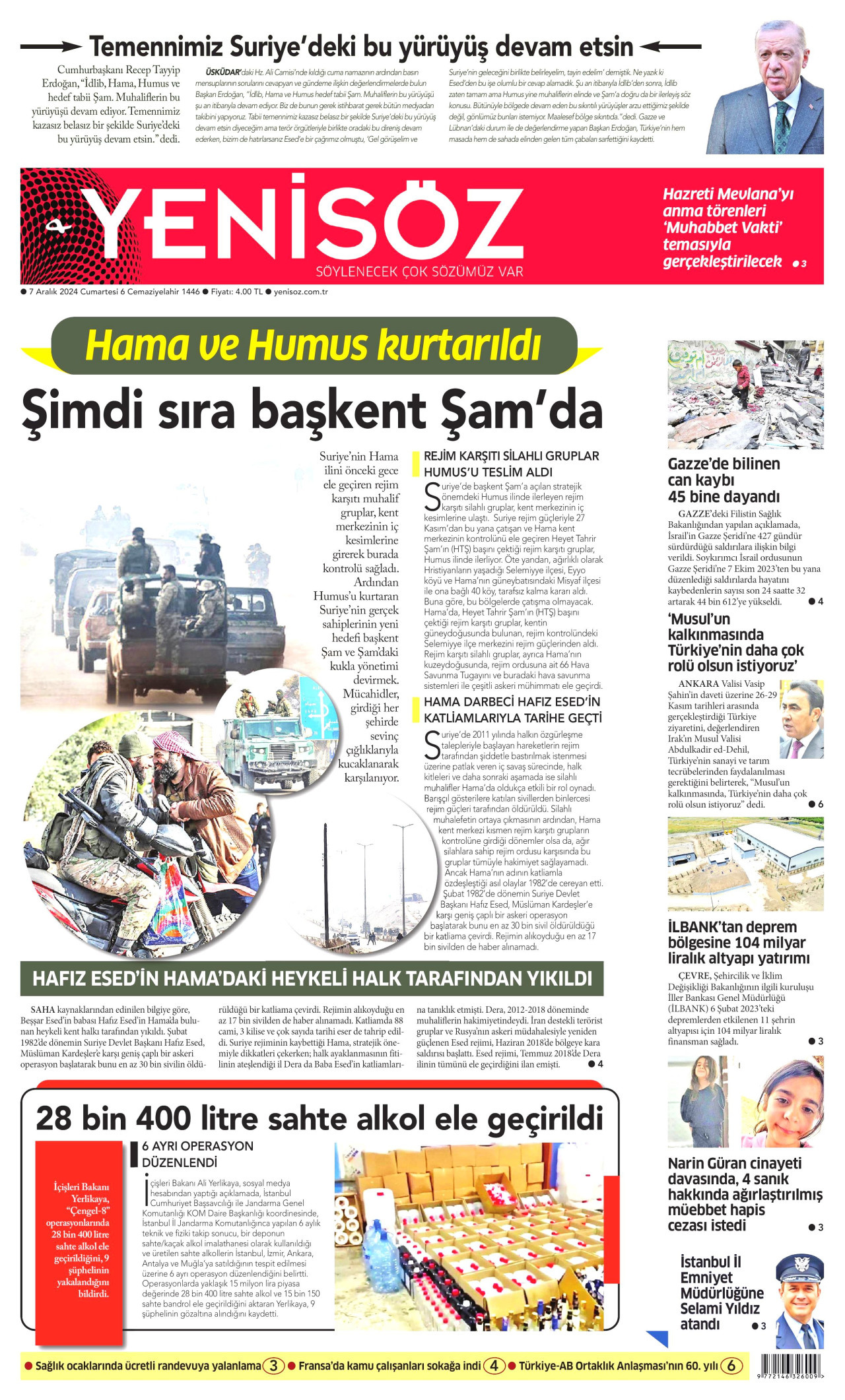 YENİ SÖZ GAZETESİ gazetesinin 7 Aralık 2024 tarihli birinci sayfası