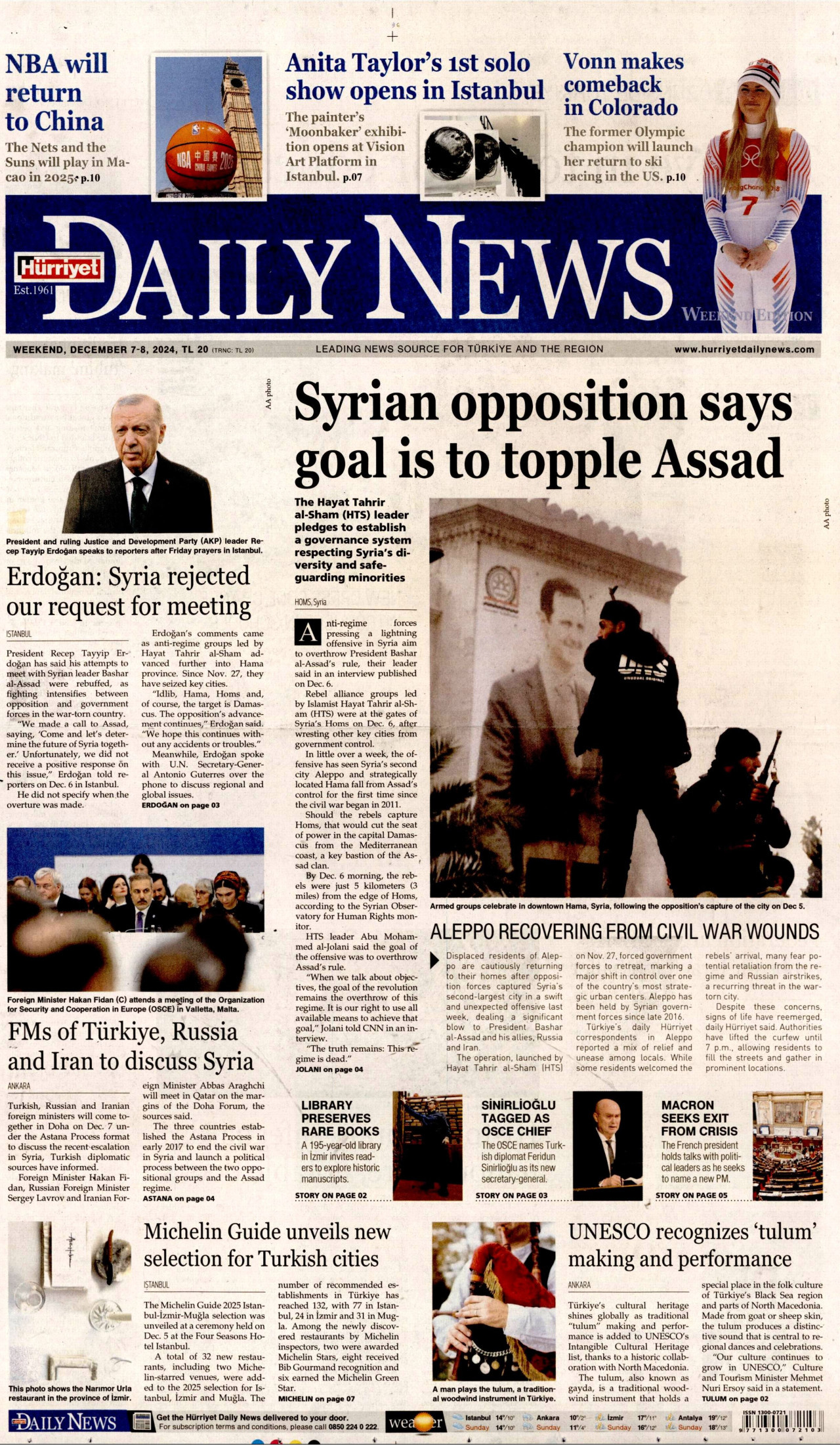 HÜRRİYET DAİLY NEWS gazetesinin 7 Aralık 2024 tarihli birinci sayfası