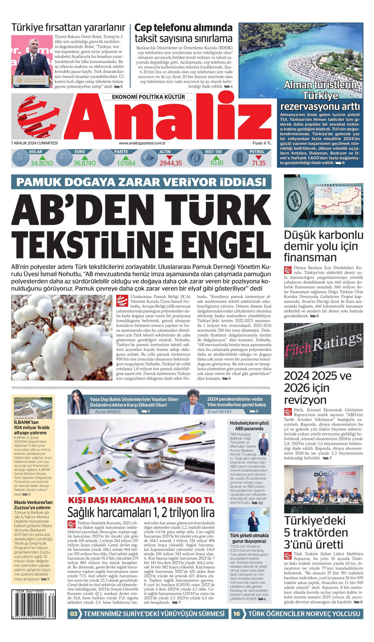 ANALİZ gazetesinin 7 Aralık 2024 tarihli birinci sayfası