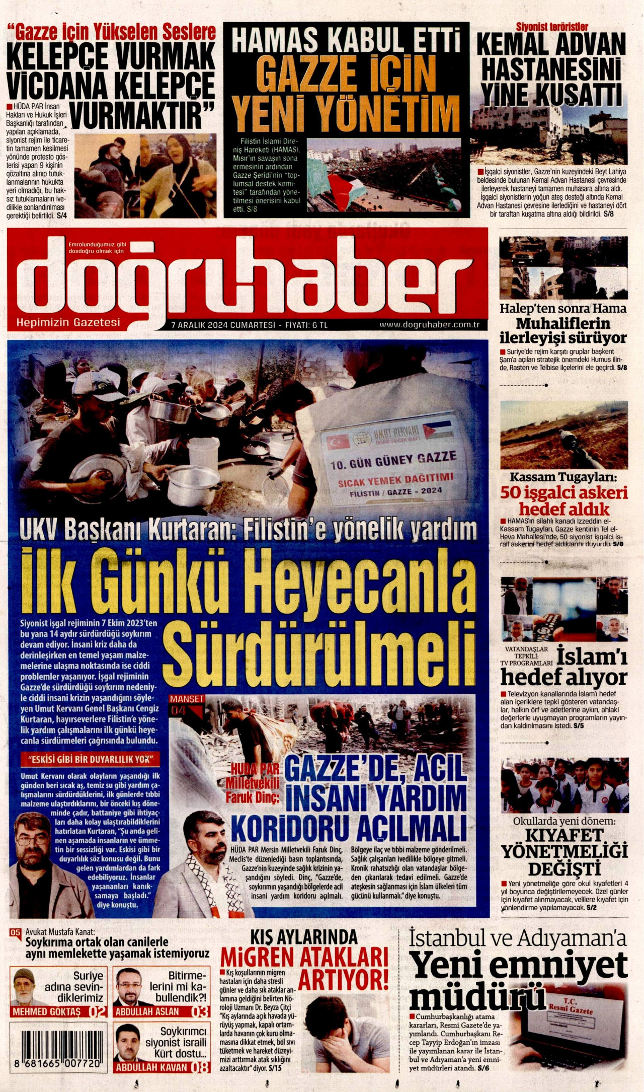 DOĞRU HABER gazetesinin 7 Aralık 2024 tarihli birinci sayfası