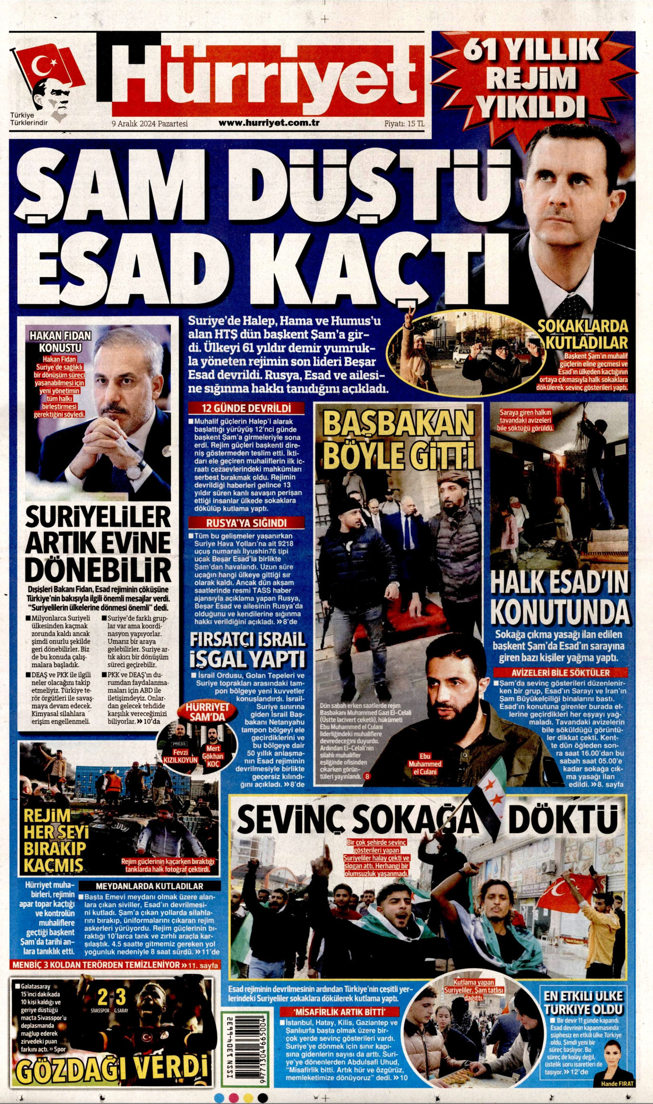 HÜRRİYET gazetesinin 9 Aralık 2024 tarihli birinci sayfası