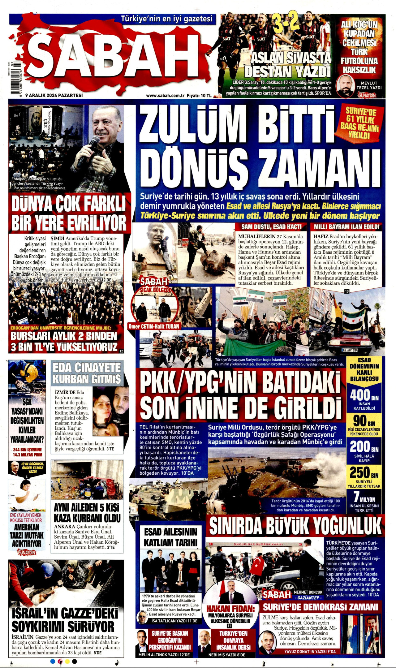 SABAH gazetesinin 9 Aralık 2024 tarihli birinci sayfası