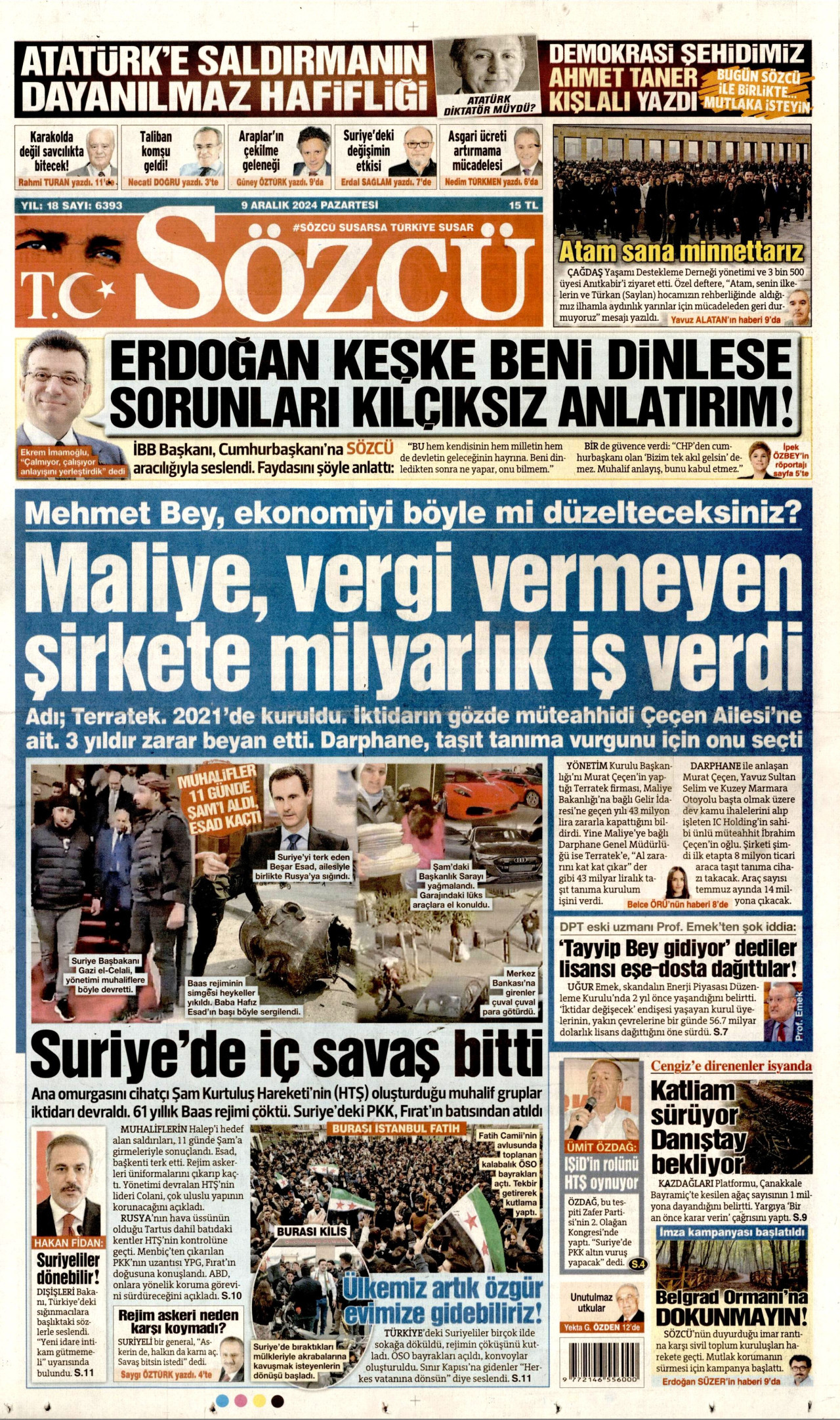 SÖZCÜ gazetesinin 9 Aralık 2024 tarihli birinci sayfası