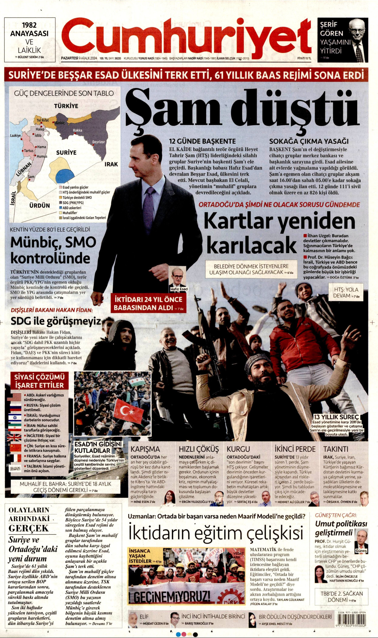 CUMHURİYET gazetesinin 9 Aralık 2024 tarihli birinci sayfası