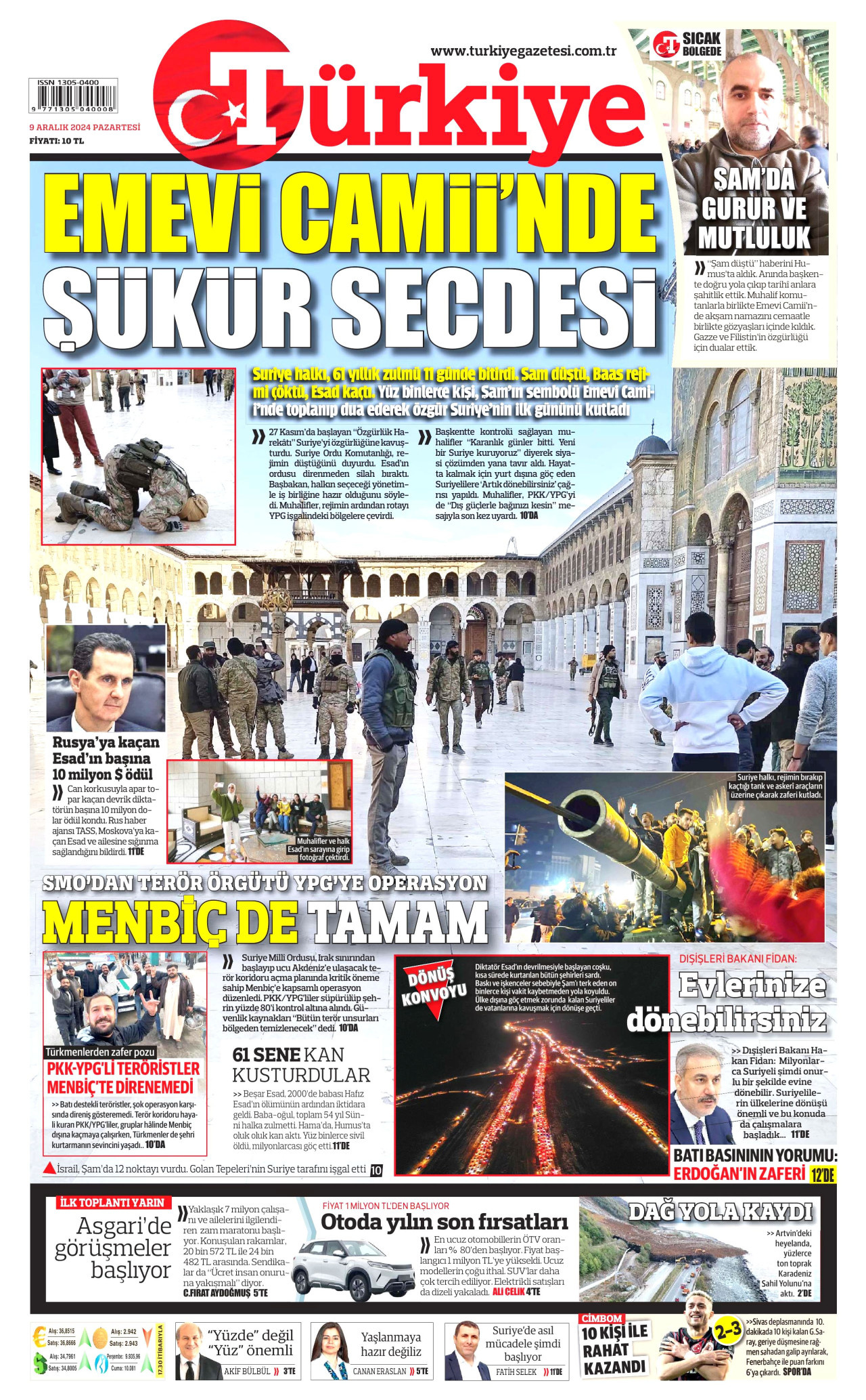TÜRKİYE GAZETESİ gazetesinin 9 Aralık 2024 tarihli birinci sayfası