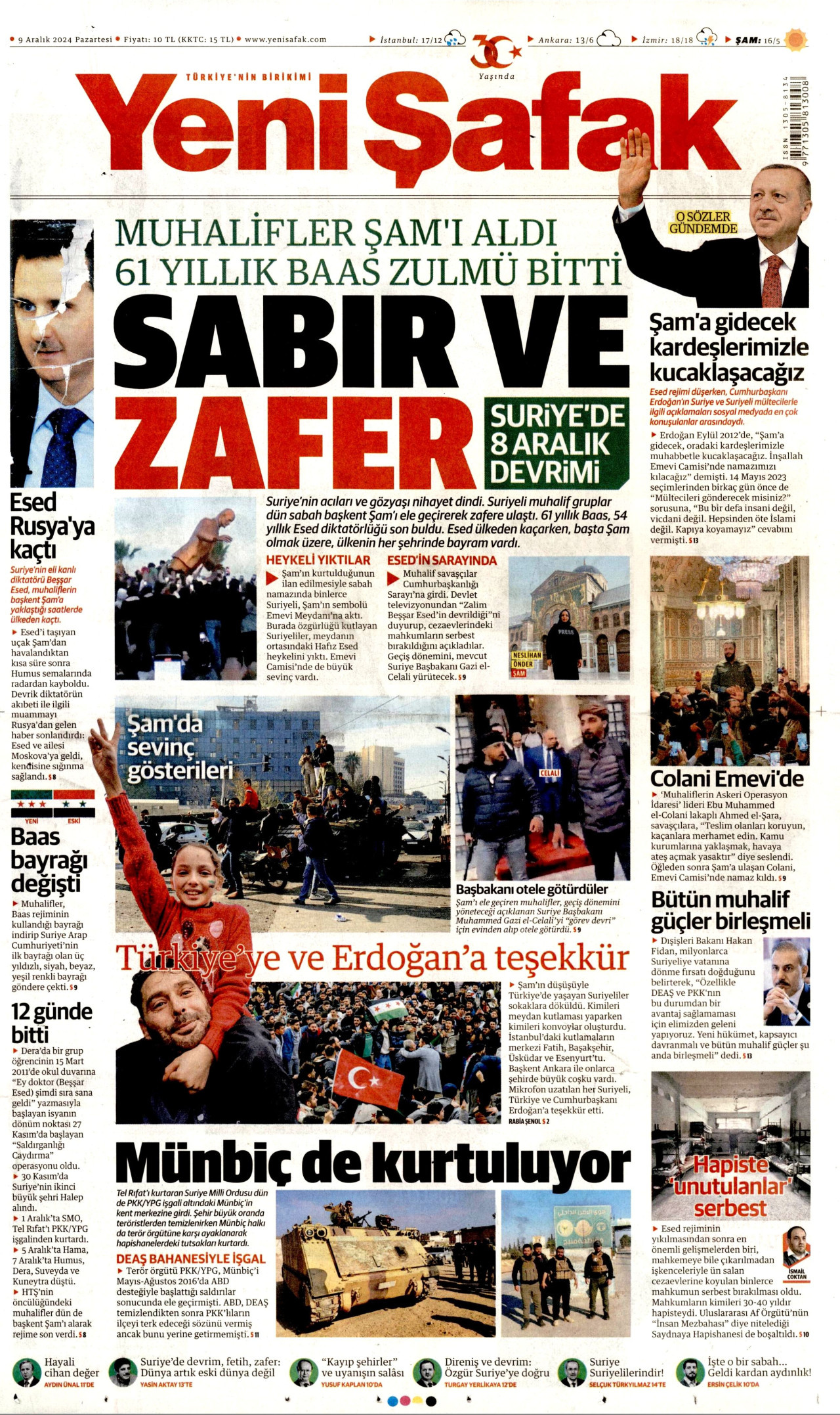 YENİ ŞAFAK gazetesinin 9 Aralık 2024 tarihli birinci sayfası