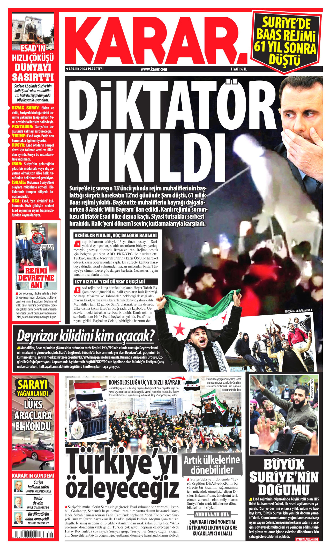 KARAR gazetesinin 9 Aralık 2024 tarihli birinci sayfası