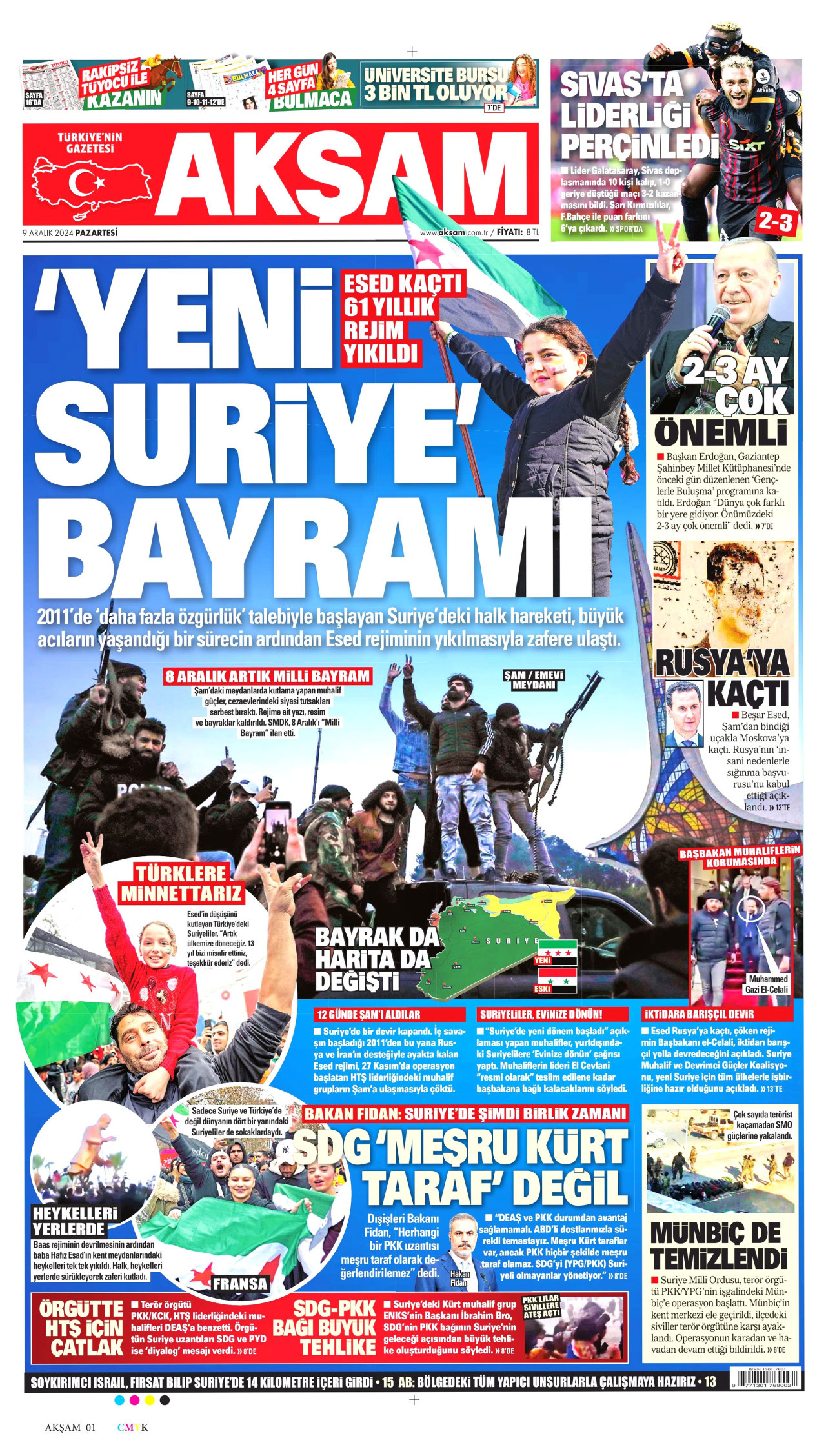 AKŞAM gazetesinin 9 Aralık 2024 tarihli birinci sayfası