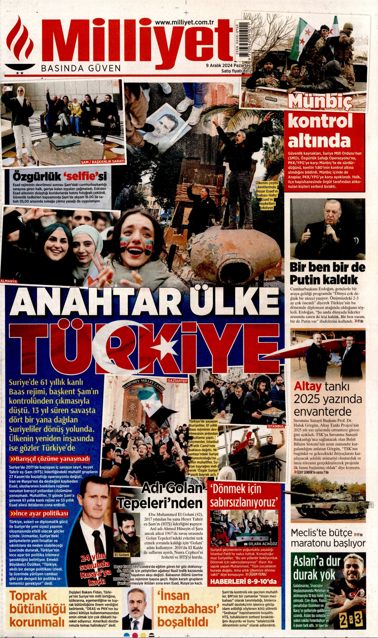 MİLLİYET gazetesinin 9 Aralık 2024 tarihli birinci sayfası