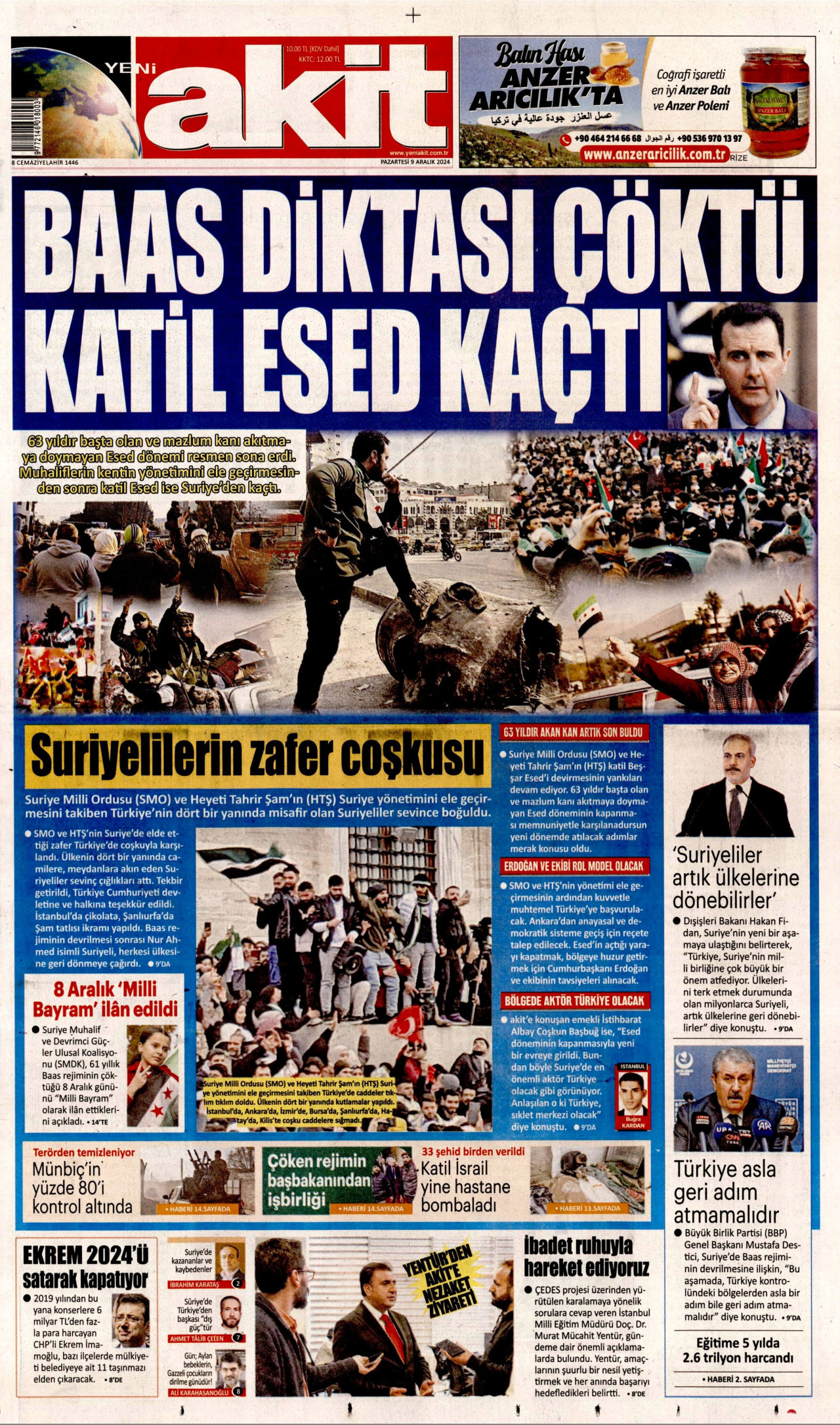 YENİ AKİT gazetesinin 9 Aralık 2024 tarihli birinci sayfası