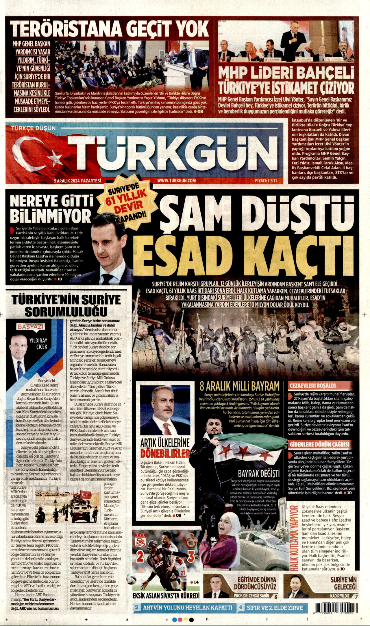 TÜRKGÜN gazetesinin 9 Aralık 2024 tarihli birinci sayfası