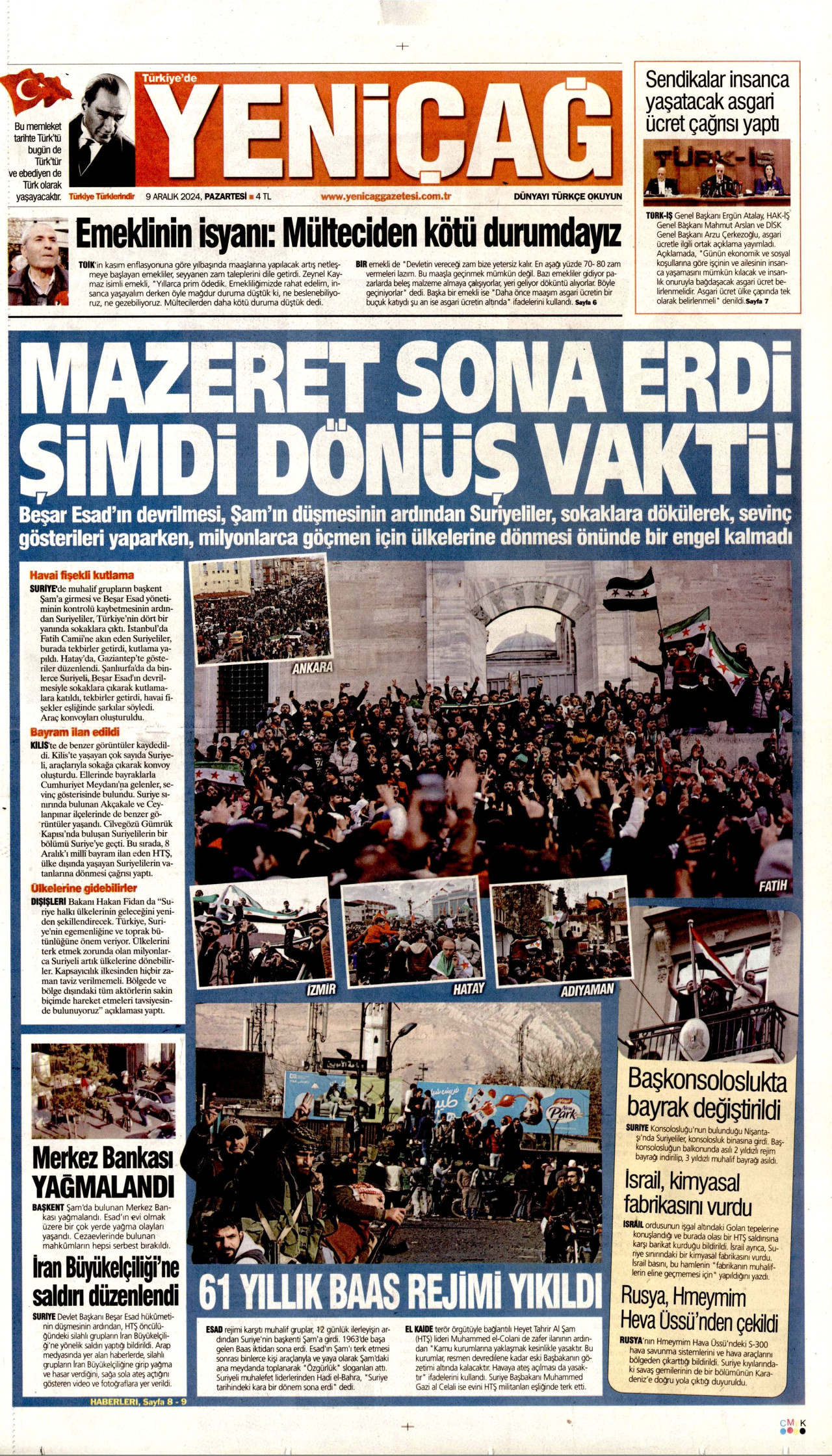 YENİÇAĞ gazetesinin 9 Aralık 2024 tarihli birinci sayfası