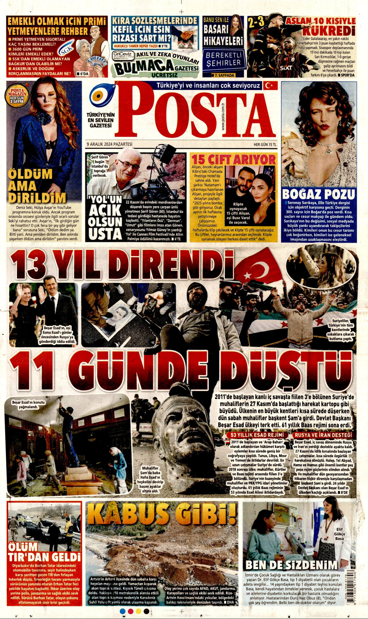 POSTA gazetesinin 9 Aralık 2024 tarihli birinci sayfası