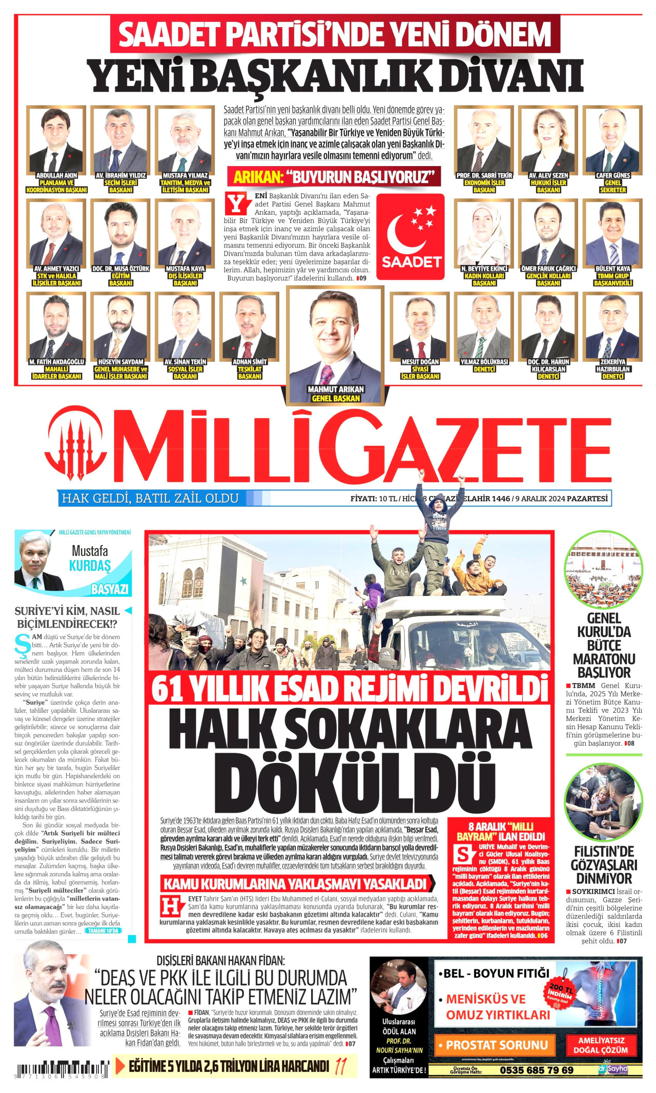 MİLLİ GAZETE gazetesinin 9 Aralık 2024 tarihli birinci sayfası