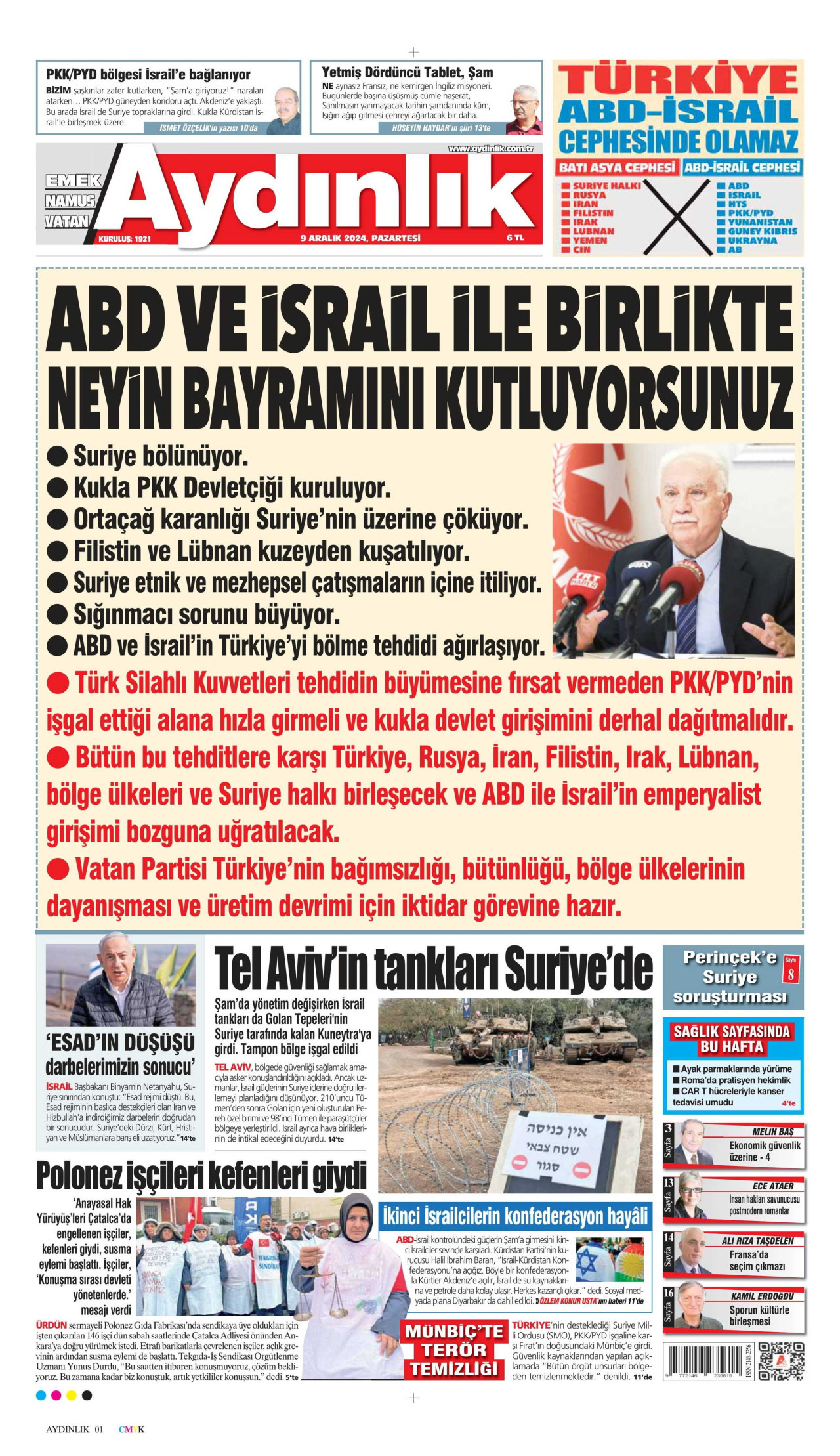 AYDINLIK GAZETESİ gazetesinin 9 Aralık 2024 tarihli birinci sayfası