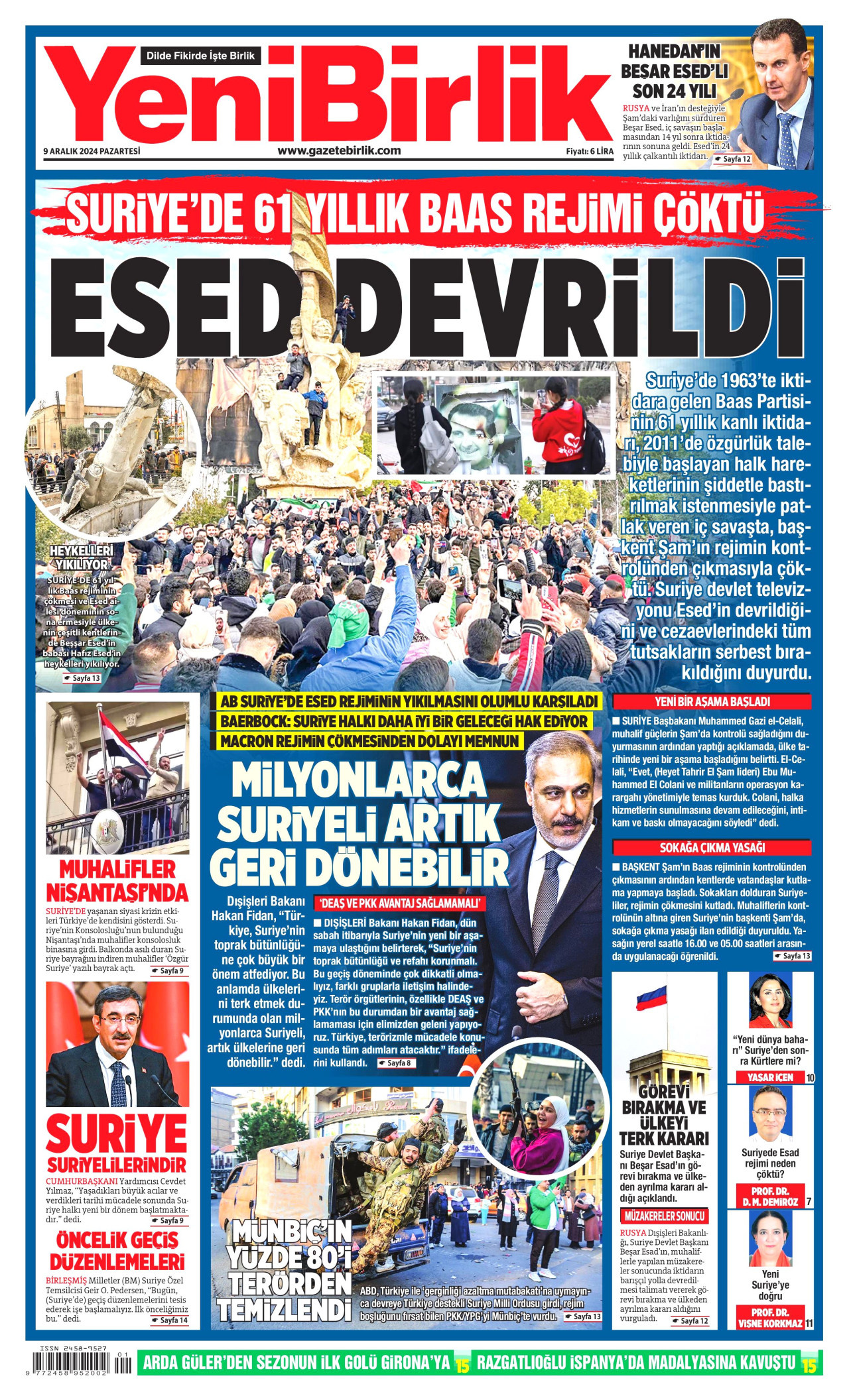YENİBİRLİK gazetesinin 9 Aralık 2024 tarihli birinci sayfası