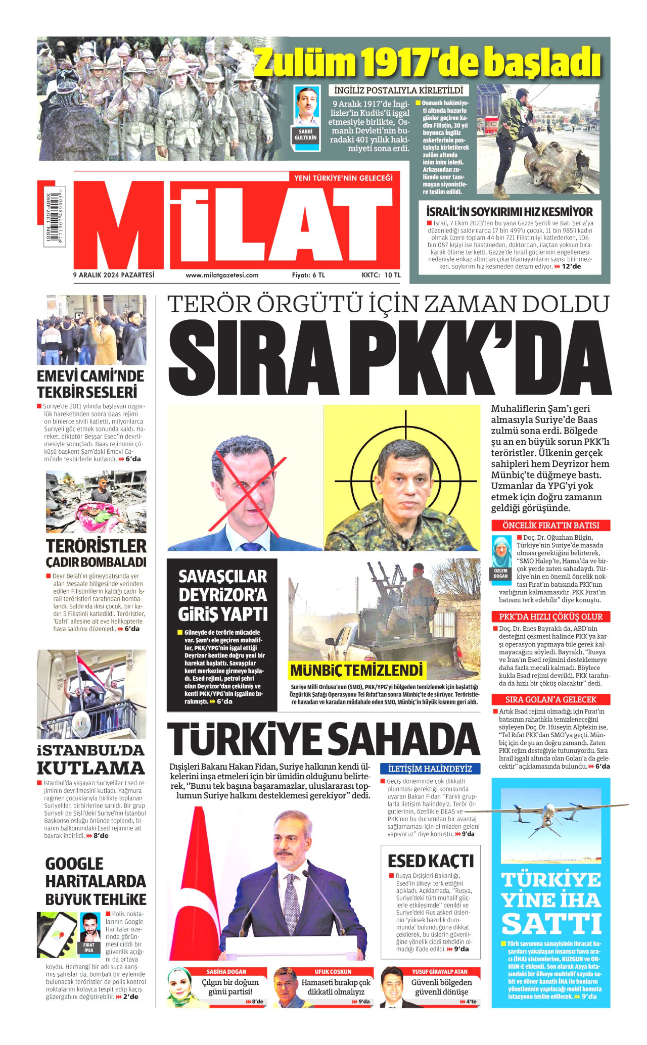 MİLAT gazetesinin 9 Aralık 2024 tarihli birinci sayfası