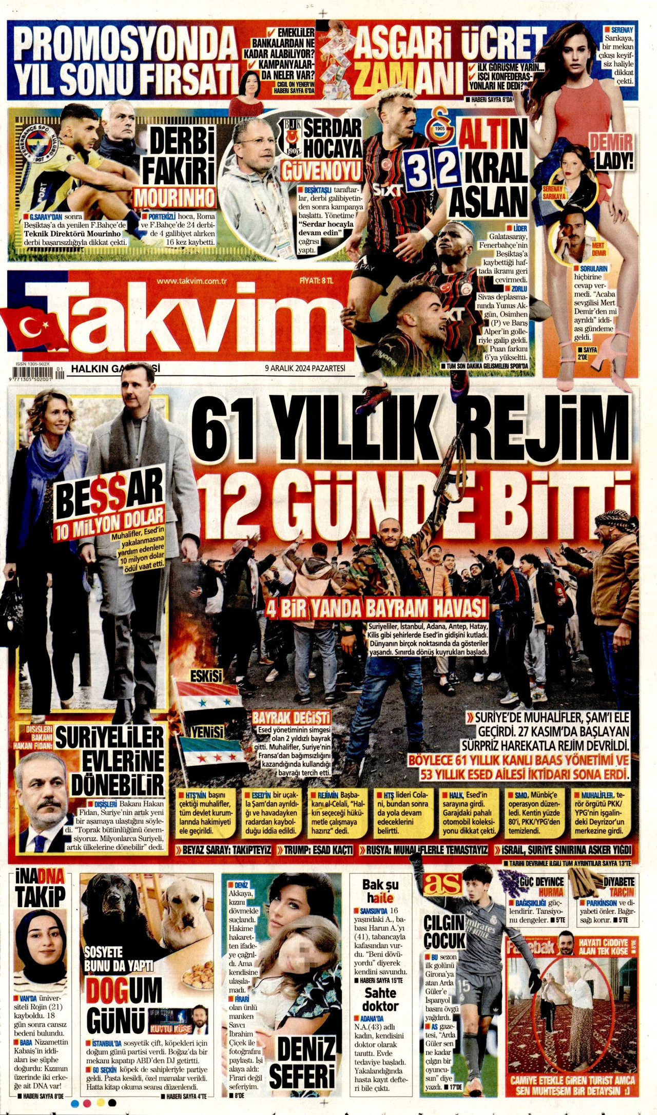 TAKVİM gazetesinin 9 Aralık 2024 tarihli birinci sayfası