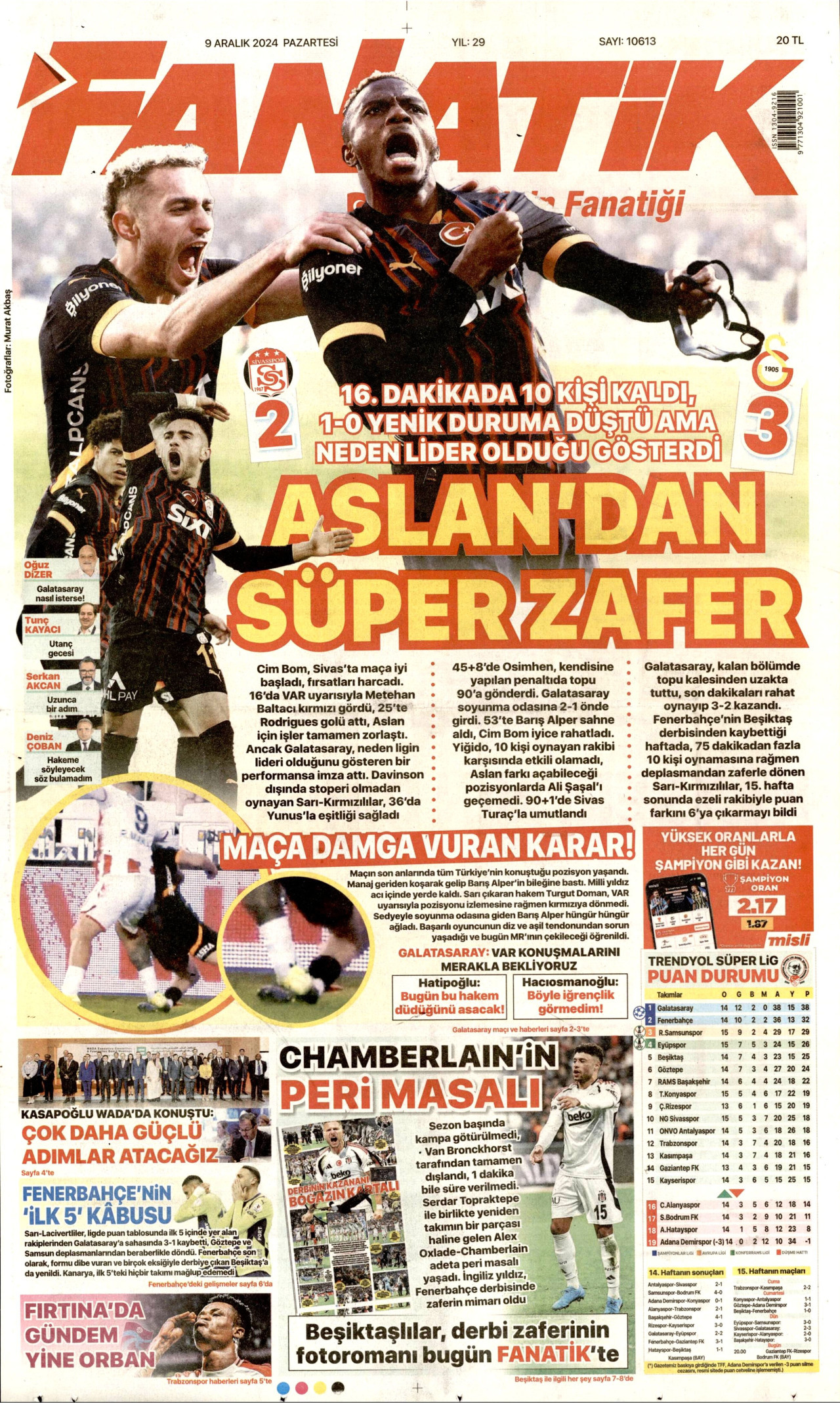 FANATİK gazetesinin 9 Aralık 2024 tarihli birinci sayfası