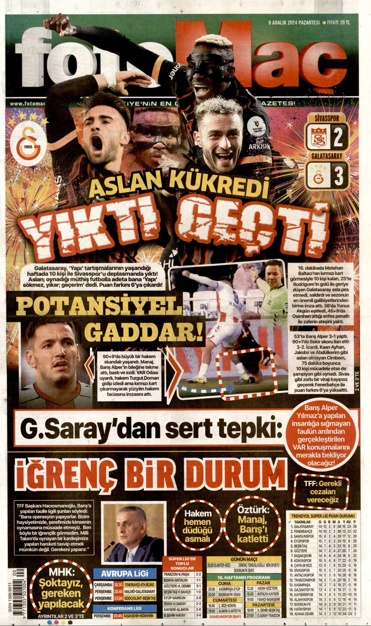 FOTOMAÇ gazetesinin 9 Aralık 2024 tarihli birinci sayfası