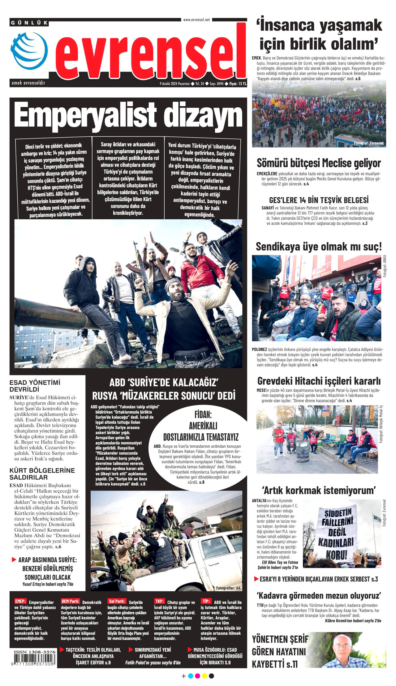 EVRENSEL gazetesinin 9 Aralık 2024 tarihli birinci sayfası