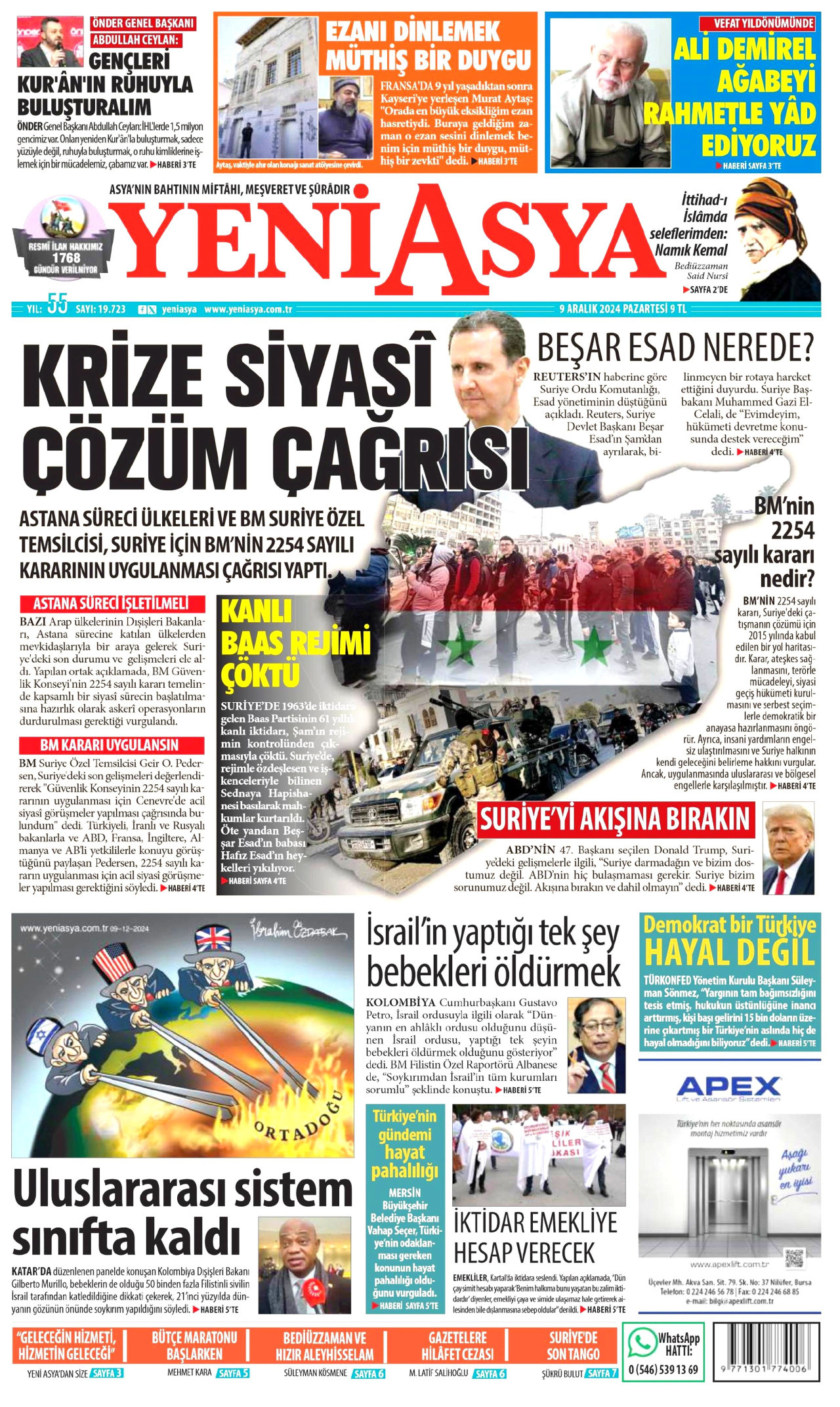 YENİ ASYA gazetesinin 9 Aralık 2024 tarihli birinci sayfası