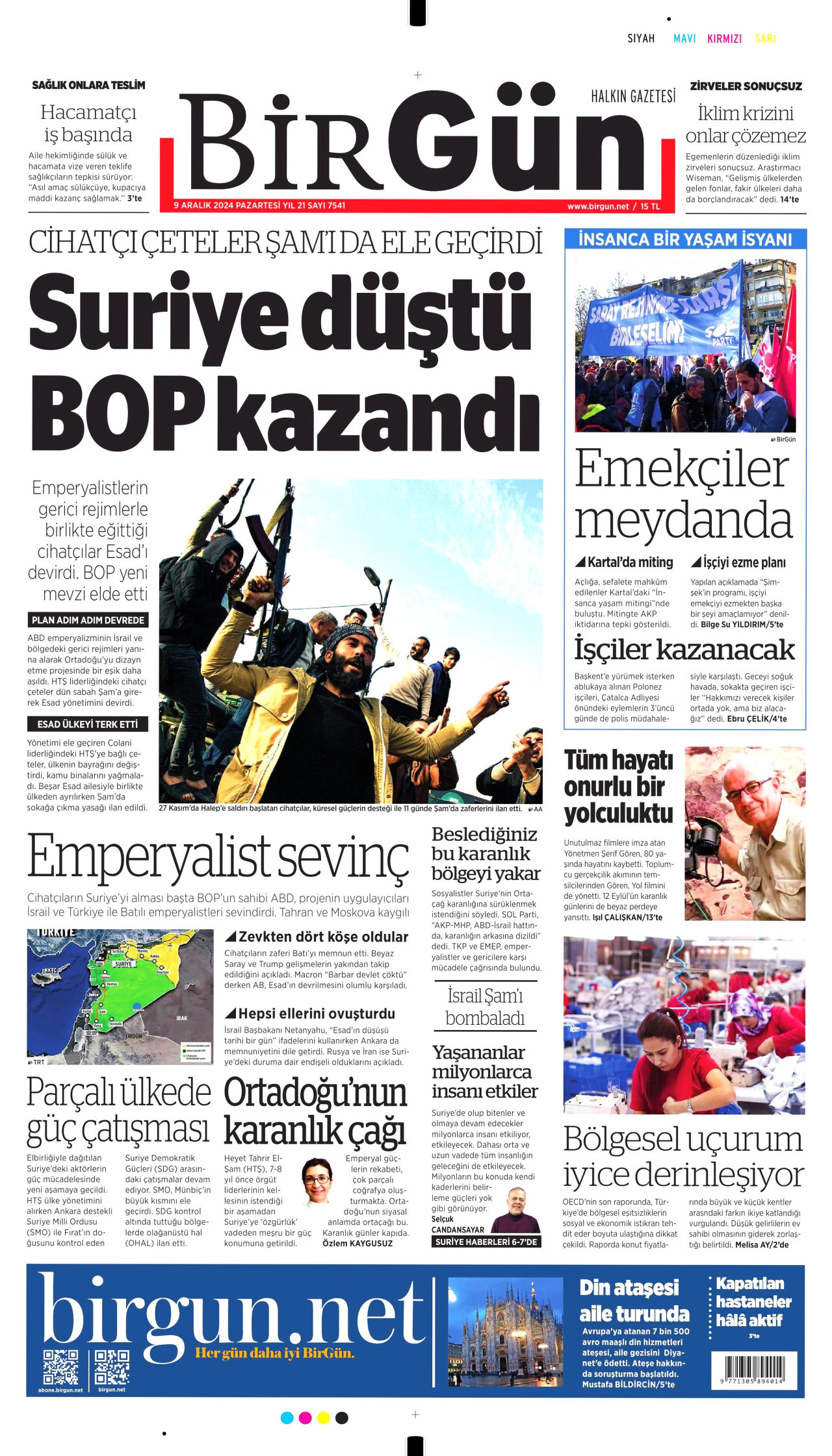 BİRGÜN gazetesinin 9 Aralık 2024 tarihli birinci sayfası