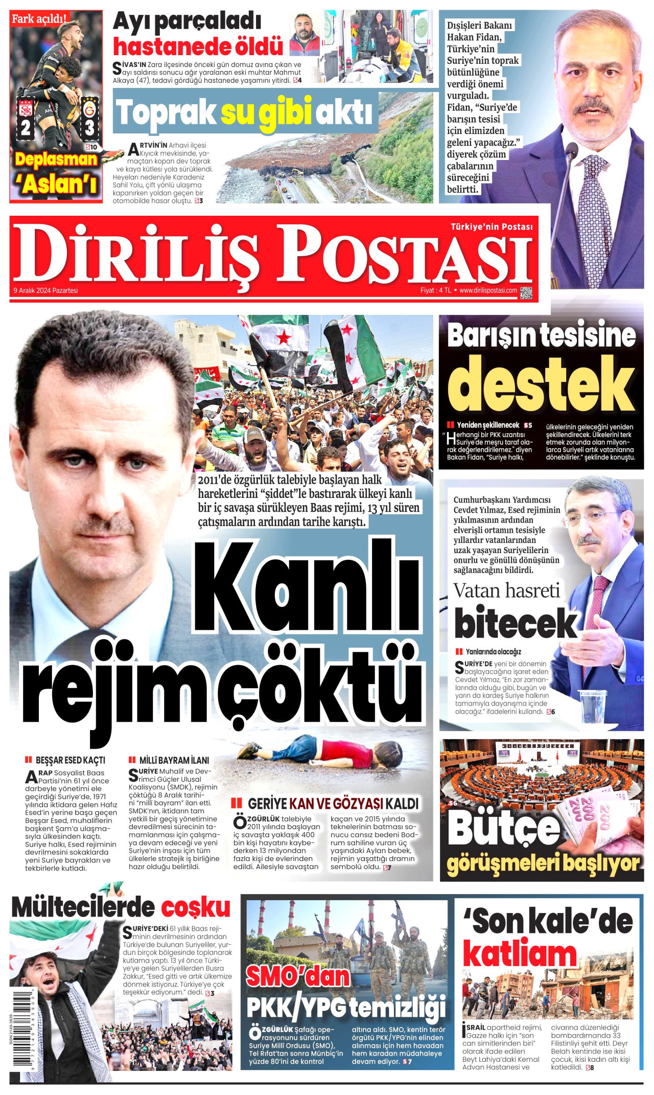 DİRİLİŞ POSTASI gazetesinin 9 Aralık 2024 tarihli birinci sayfası