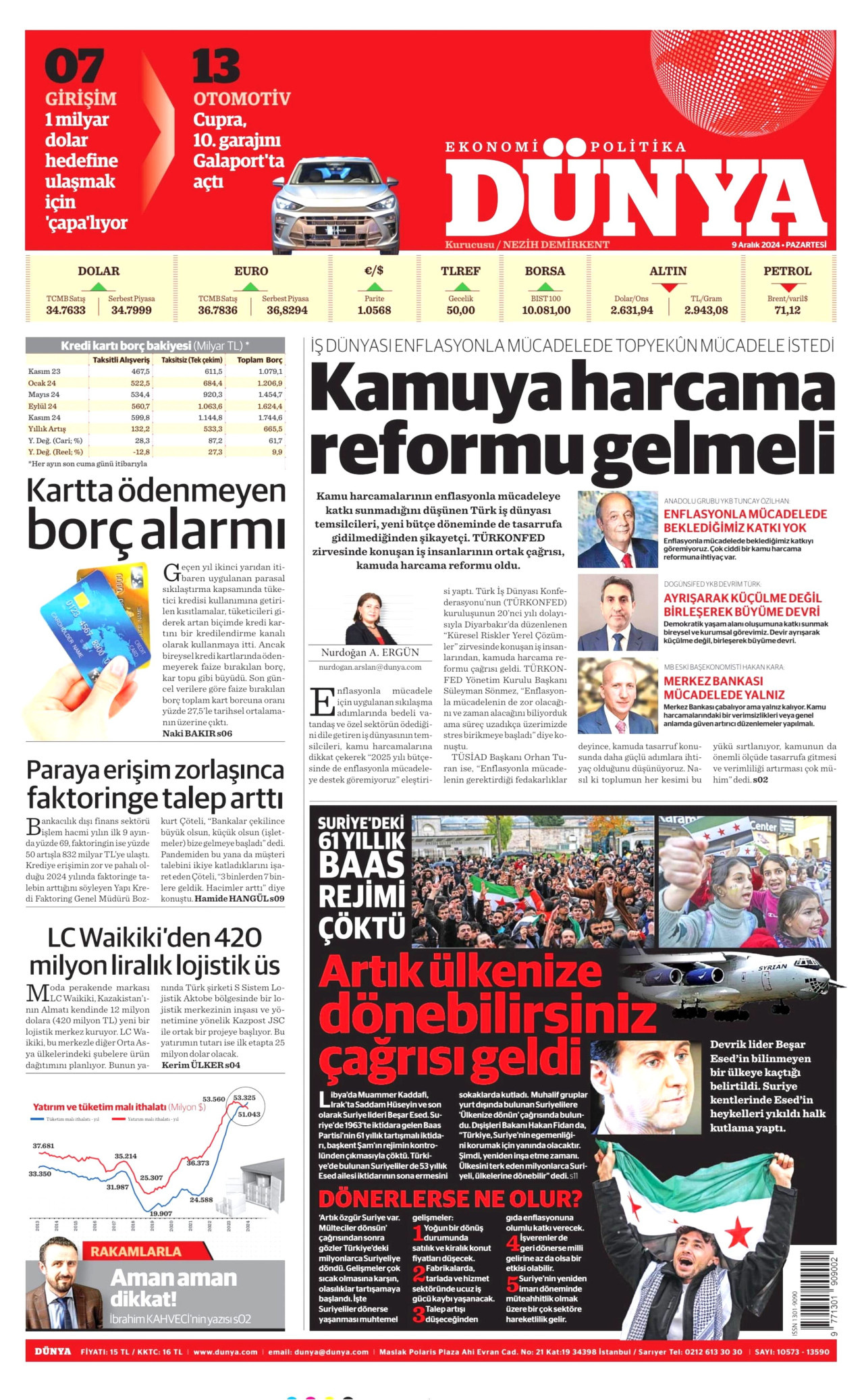 DÜNYA gazetesinin 9 Aralık 2024 tarihli birinci sayfası