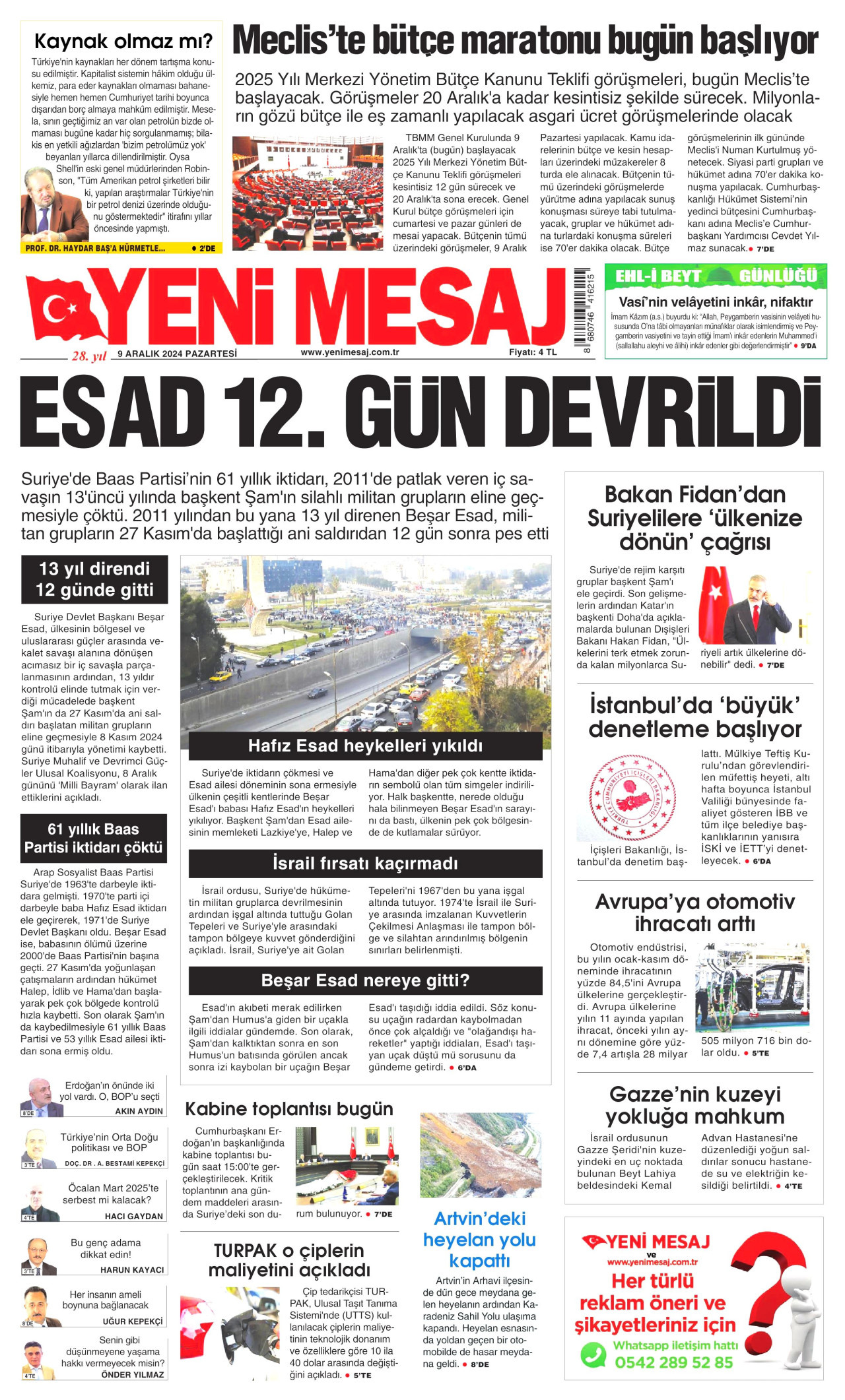 YENİ MESAJ gazetesinin 9 Aralık 2024 tarihli birinci sayfası